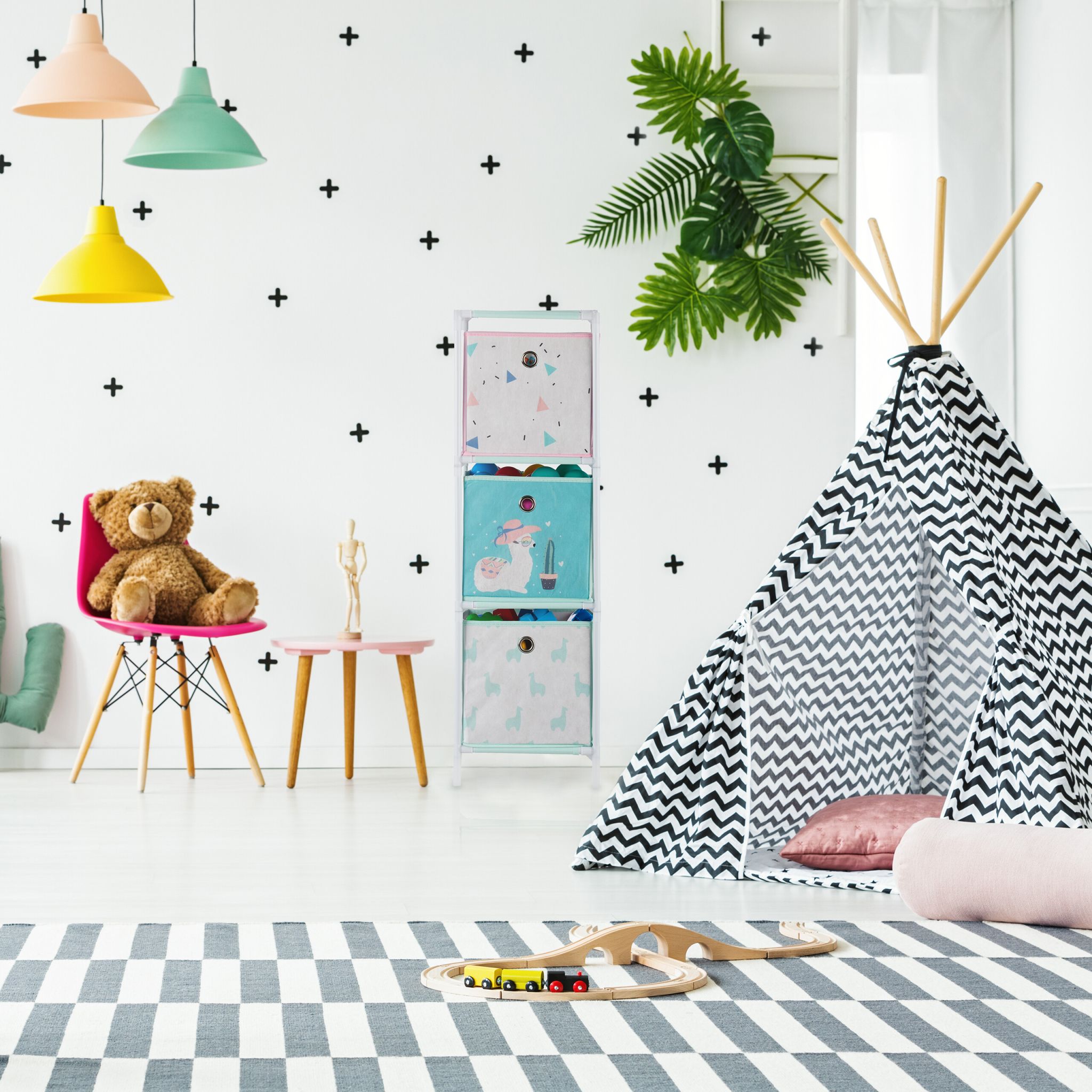 Kinderregal Lama mit Boxen Weiss-Rosa-Türkis von Relaxdays