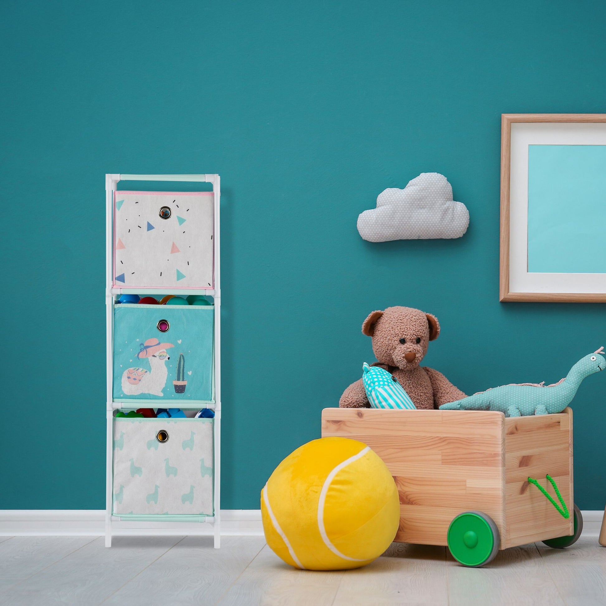 Kinderregal Lama mit Boxen Weiss-Rosa-Türkis von Relaxdays