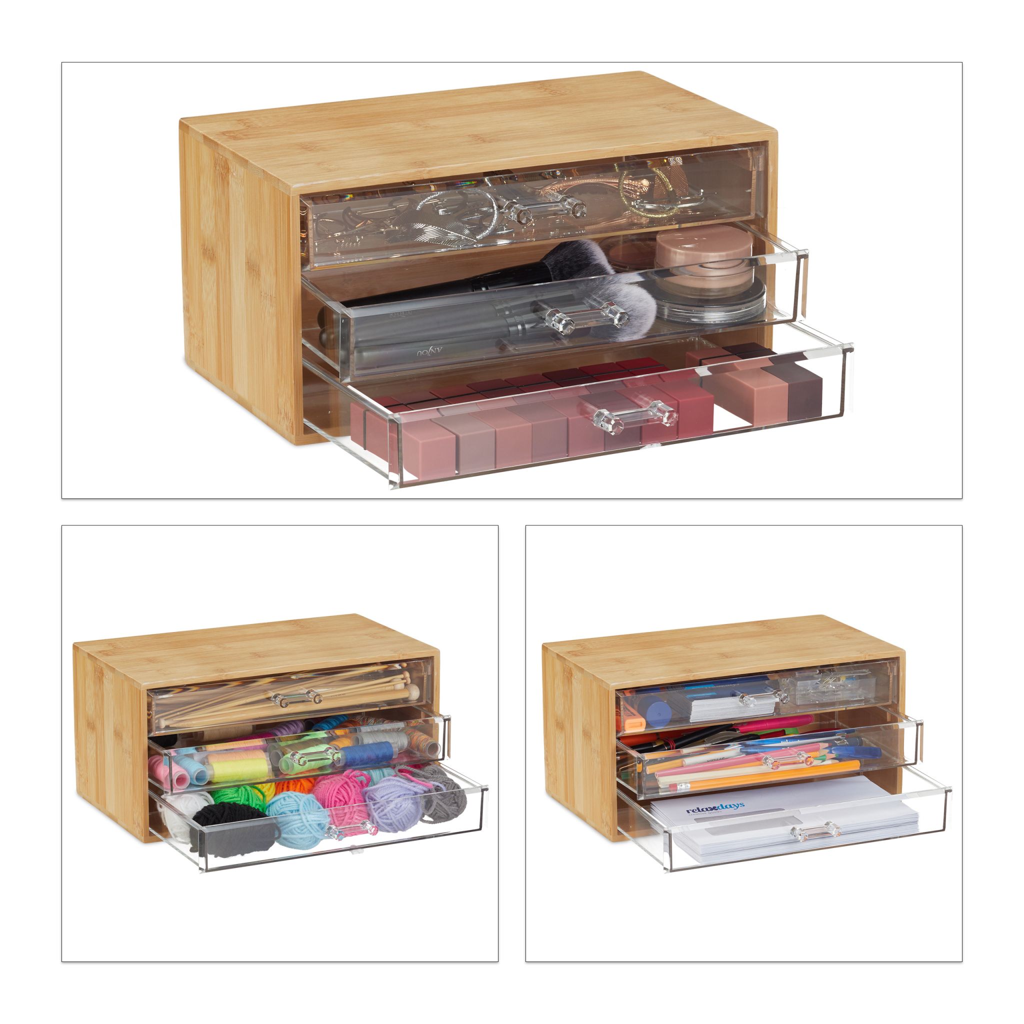 Kosmetik Organizer 3 Schubladen Hellbraun-Transparent von Relaxdays