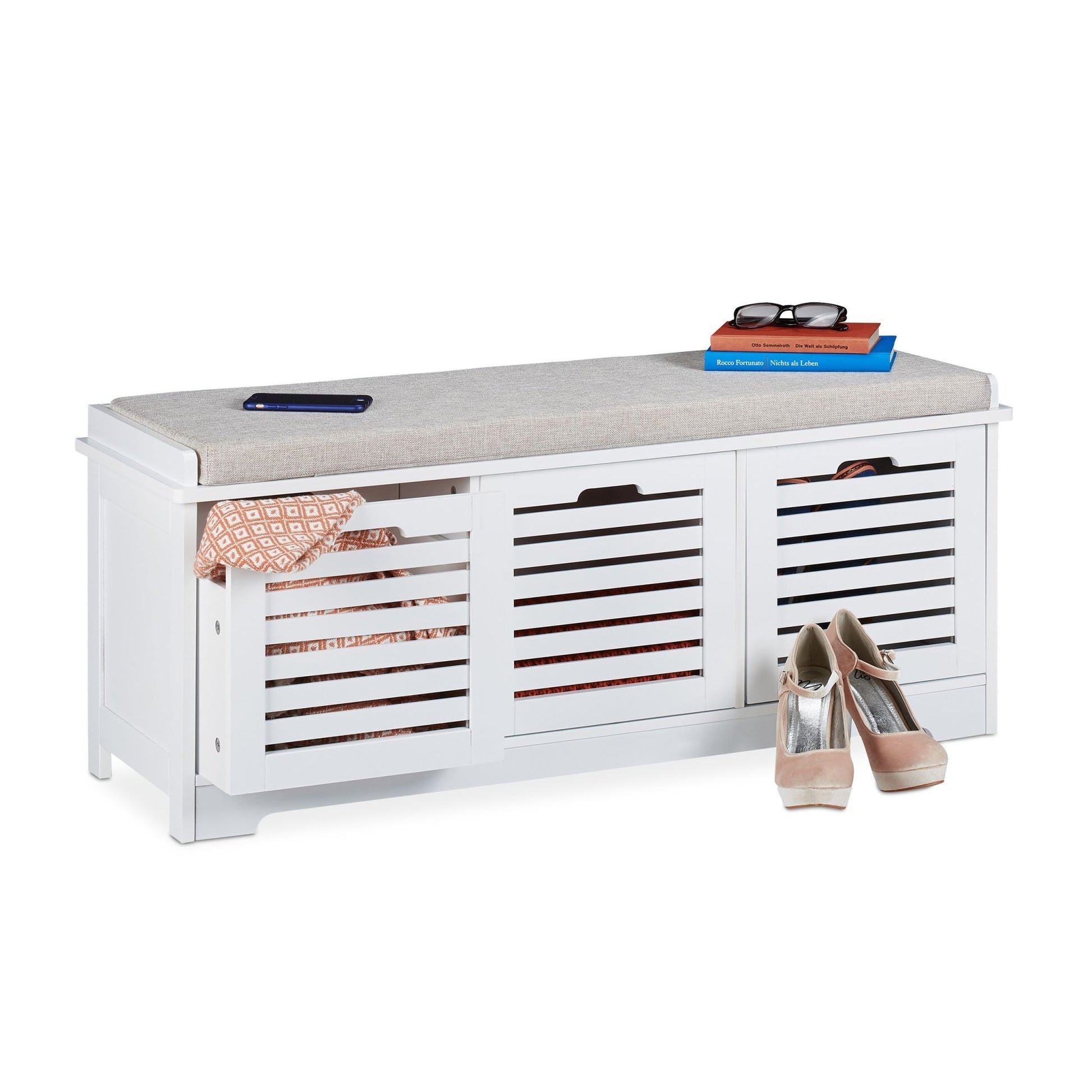 Sitzbank mit Stauraum weiss Weiss-Grau von Relaxdays