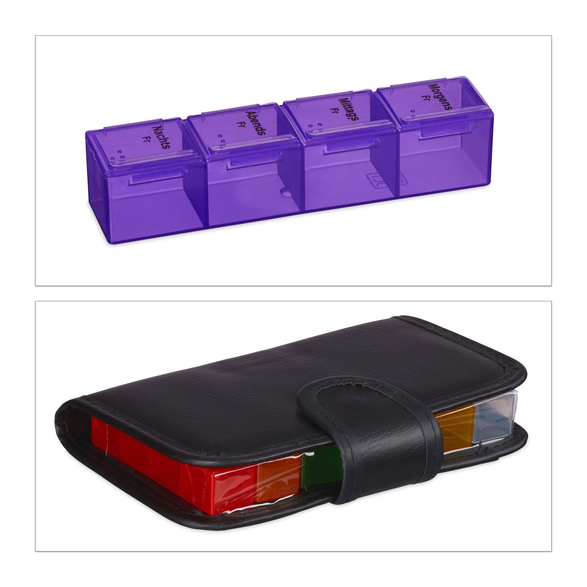 Tablettenbox 7 Tage mit Etui Blau-Rot-Schwarz