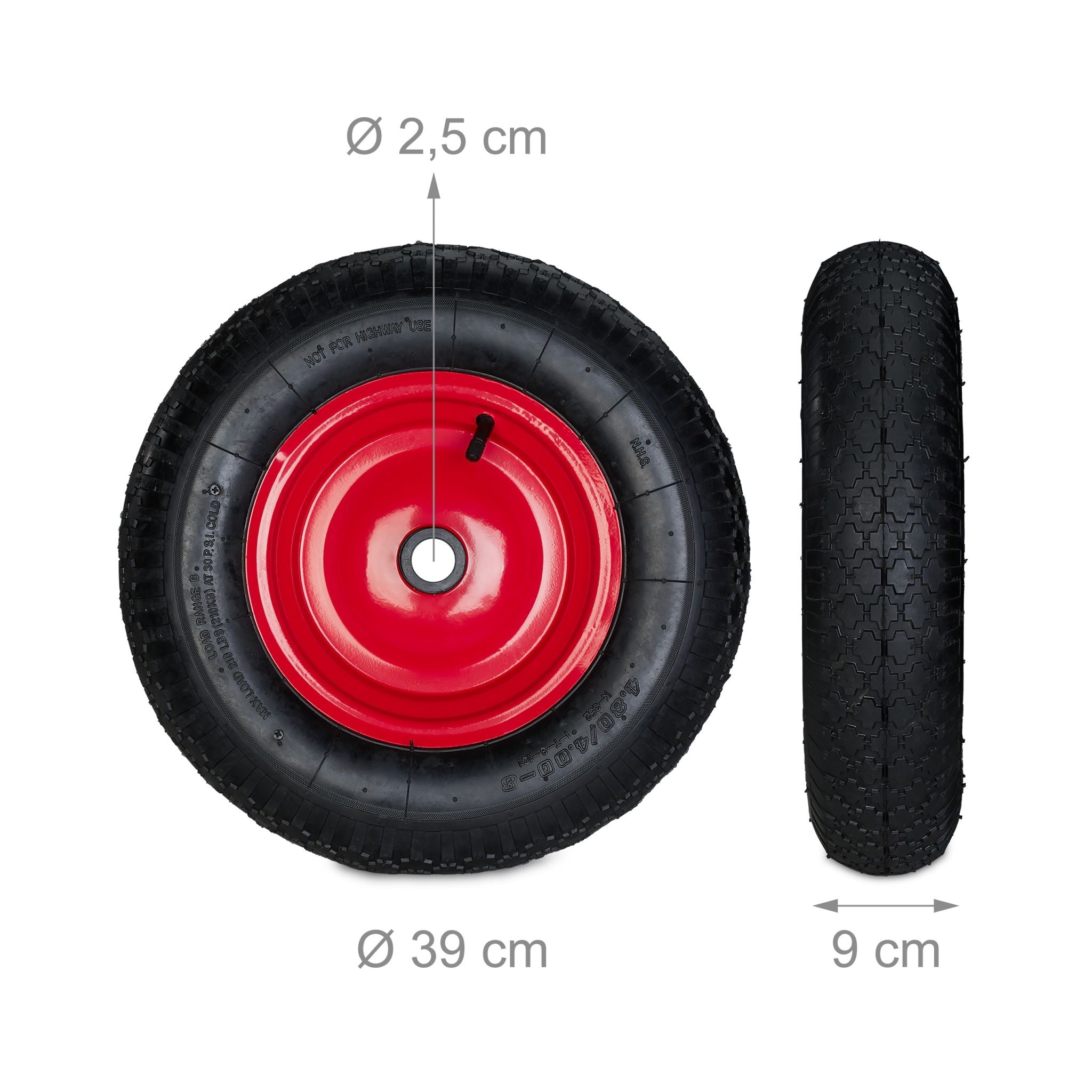 Schubkarrenrad 4.80 4.00-8 mit Adaptern Rot-Schwarz von Relaxdays