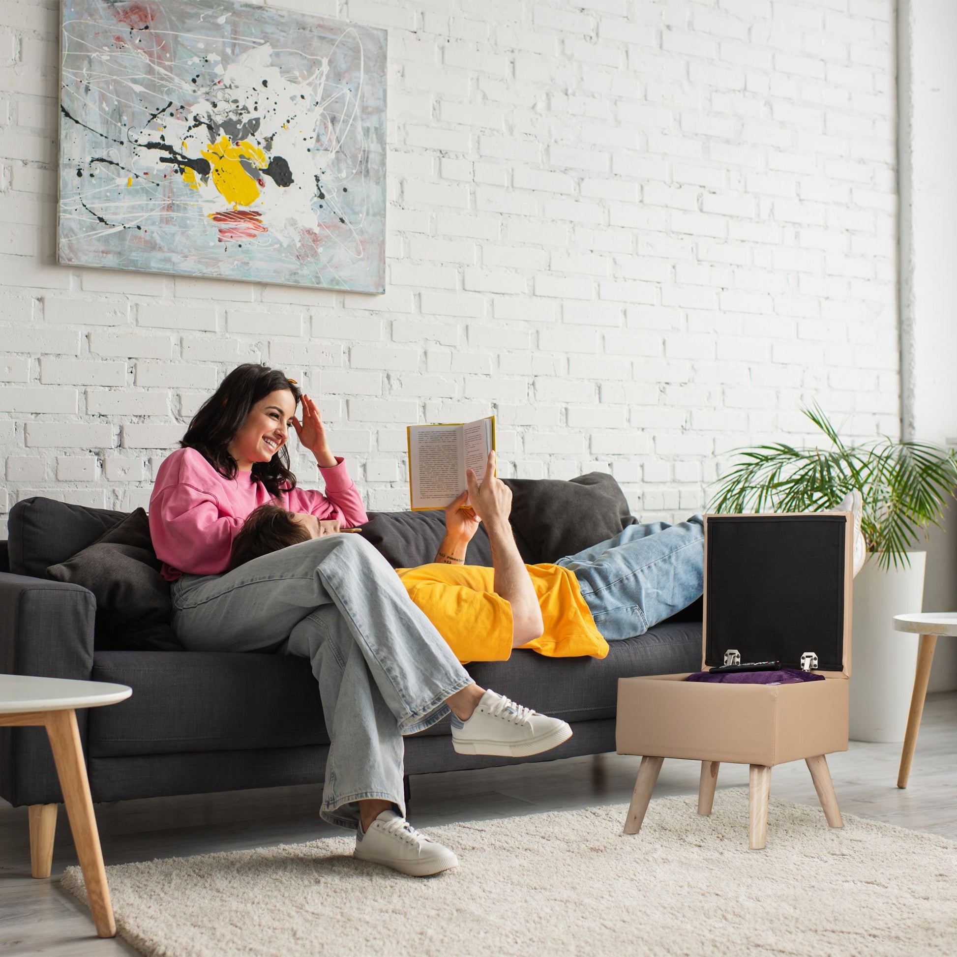 Sitzhocker mit Stauraum Kunstleder Hellbraun-Grau von Relaxdays