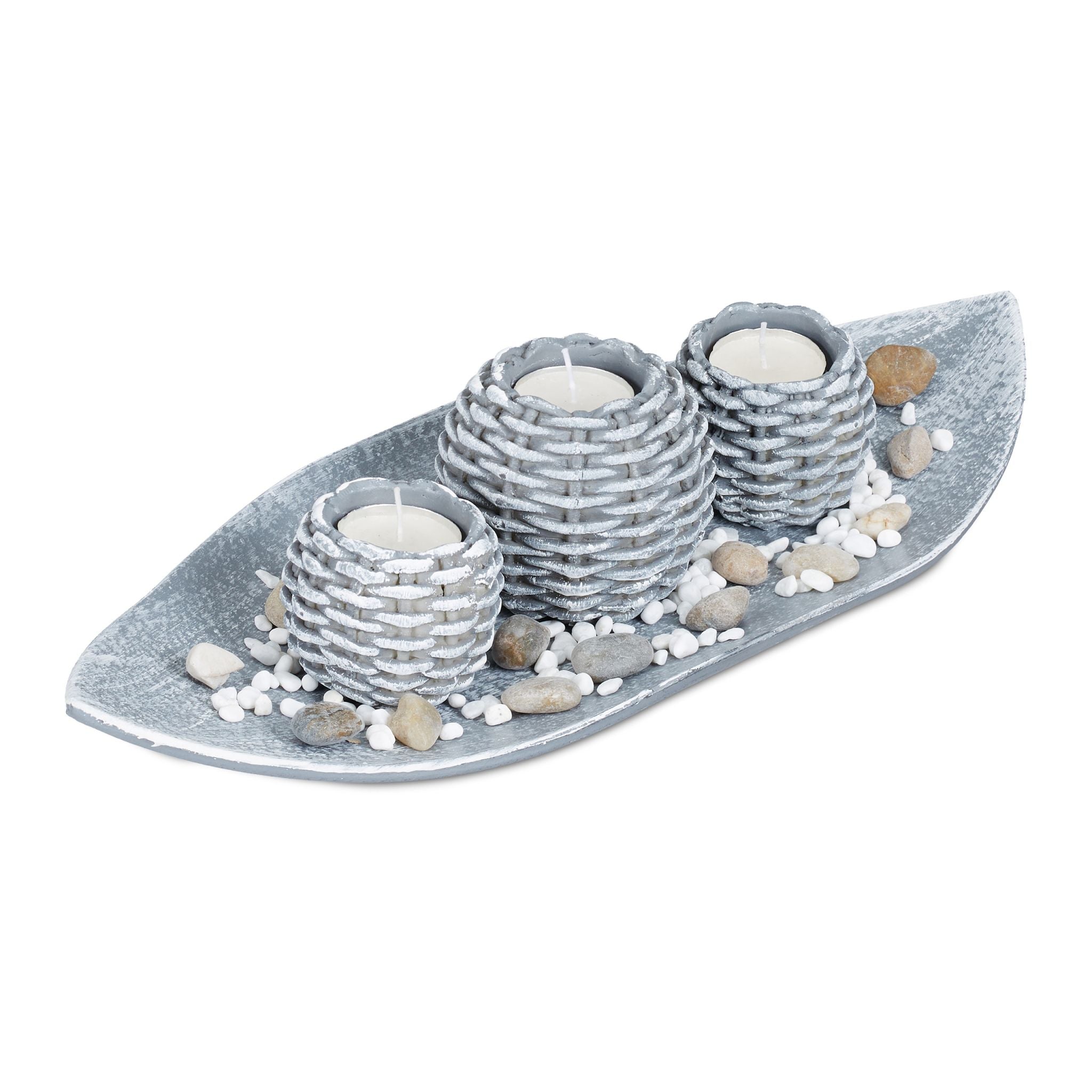 Kerzen Deko mit Schale Weiss-Braun-Grau von Relaxdays