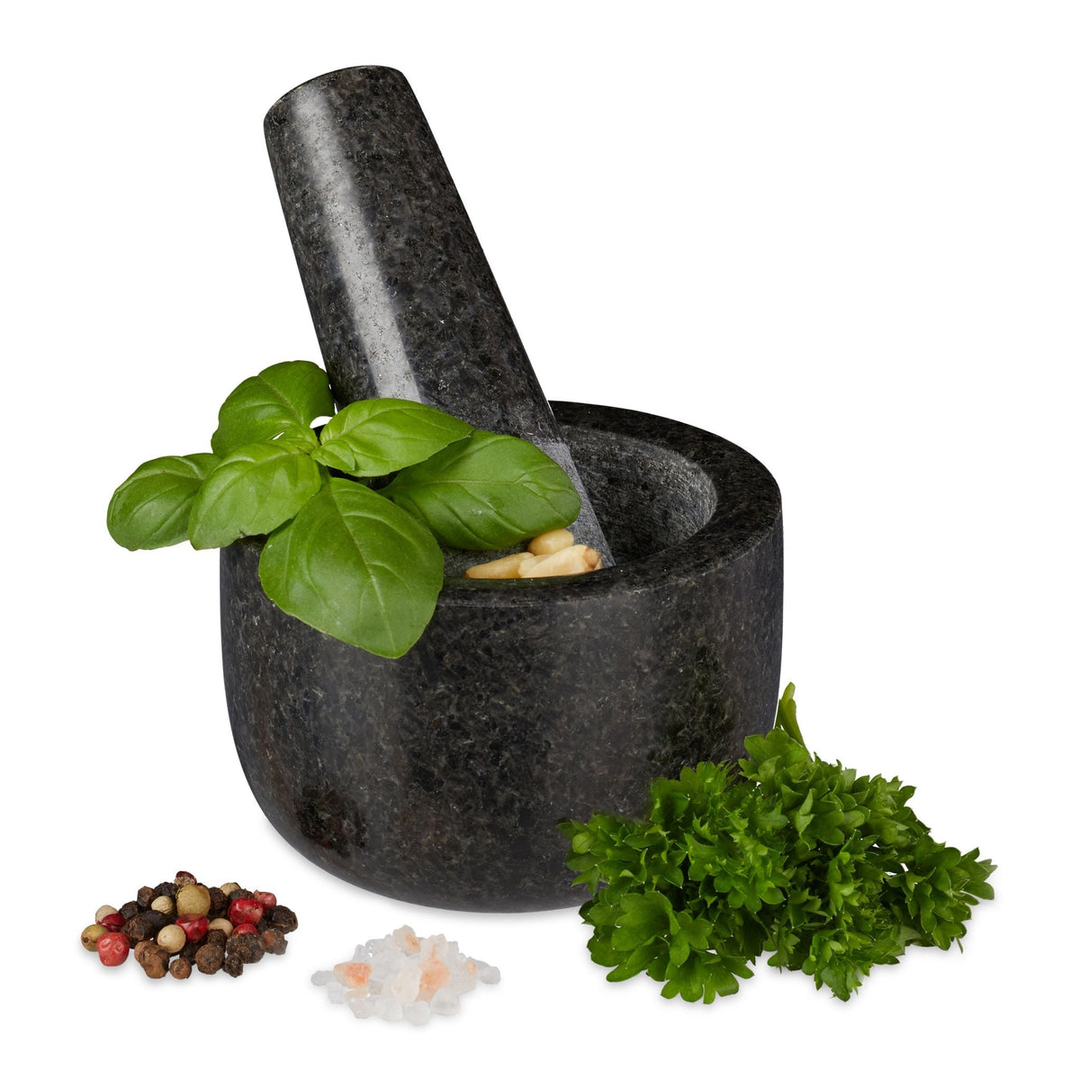 Granit Mörser mit Stössel klein Anthrazit von Relaxdays