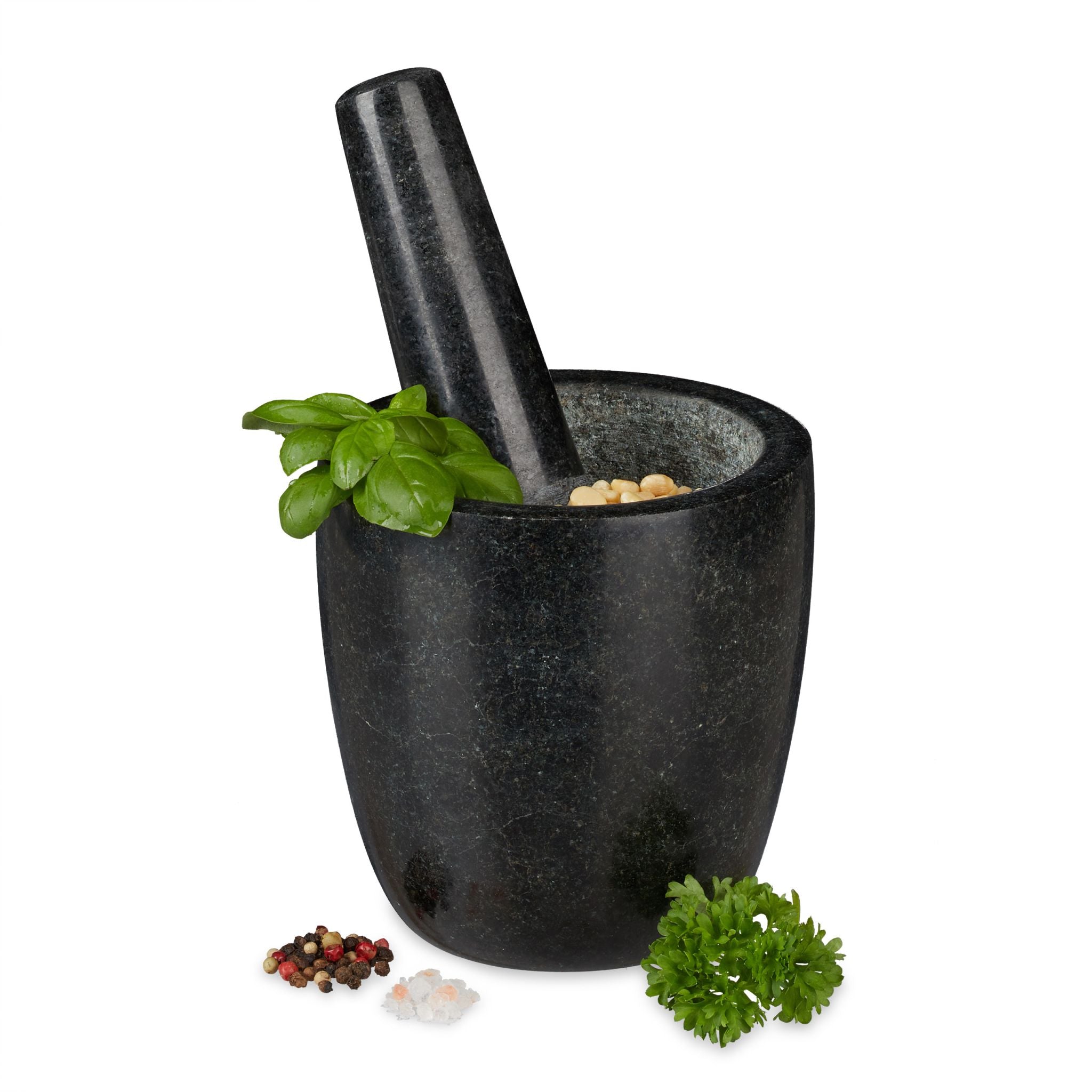 Granit Mörser mit Stössel hoch Schwarz von Relaxdays