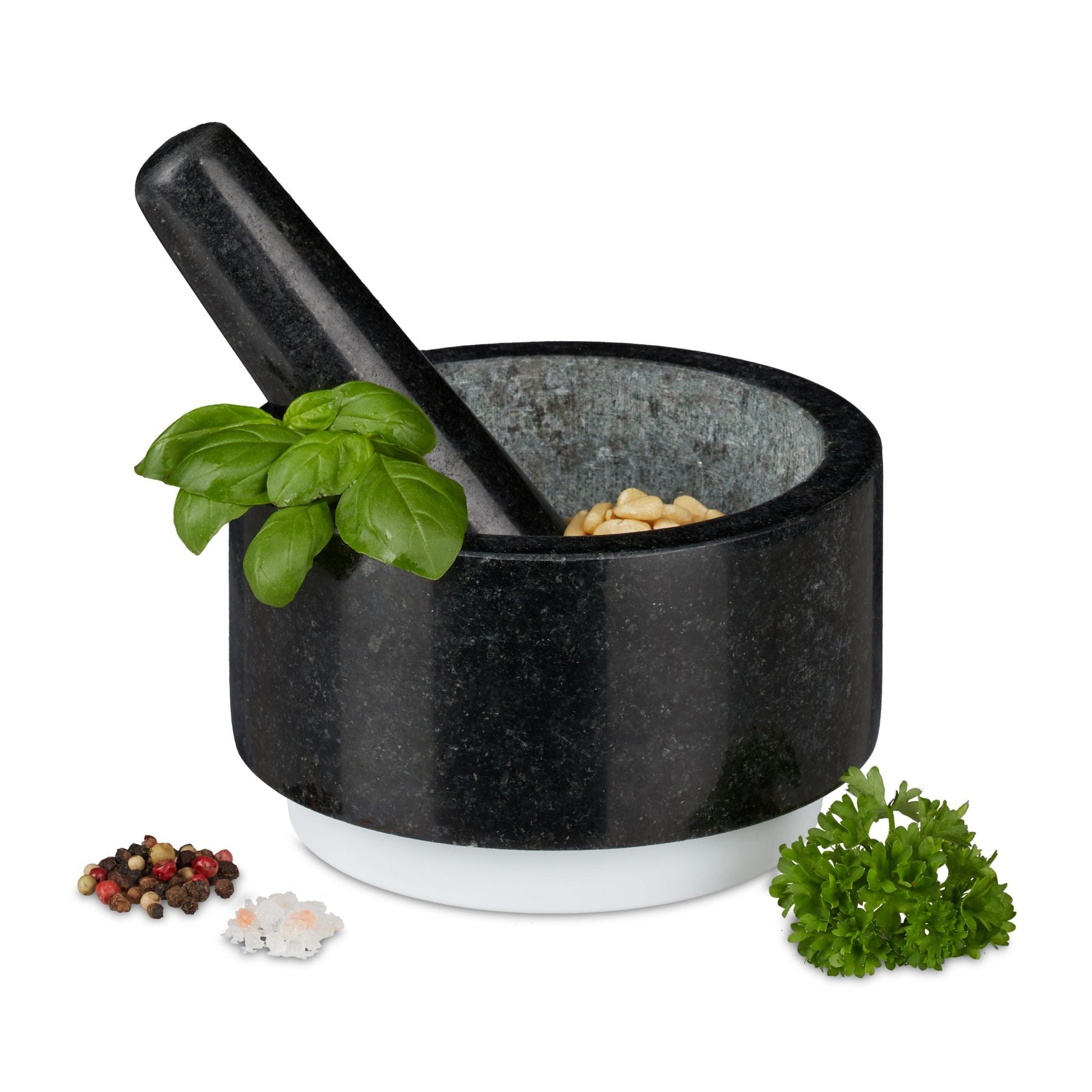 Granit Mörser mit Stössel rutschfest Weiss-Schwarz von Relaxdays