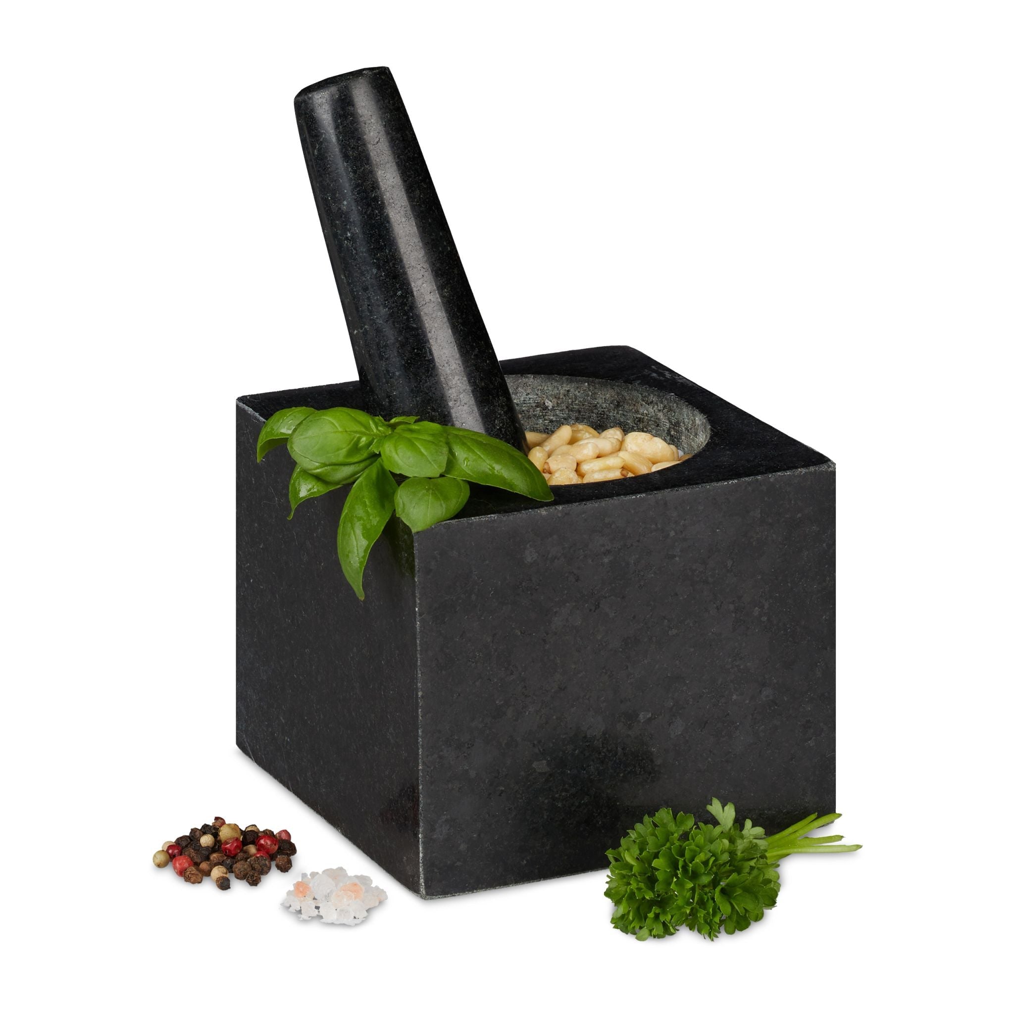 Eckiger Granit Mörser mit Stössel Schwarz-Grau von Relaxdays