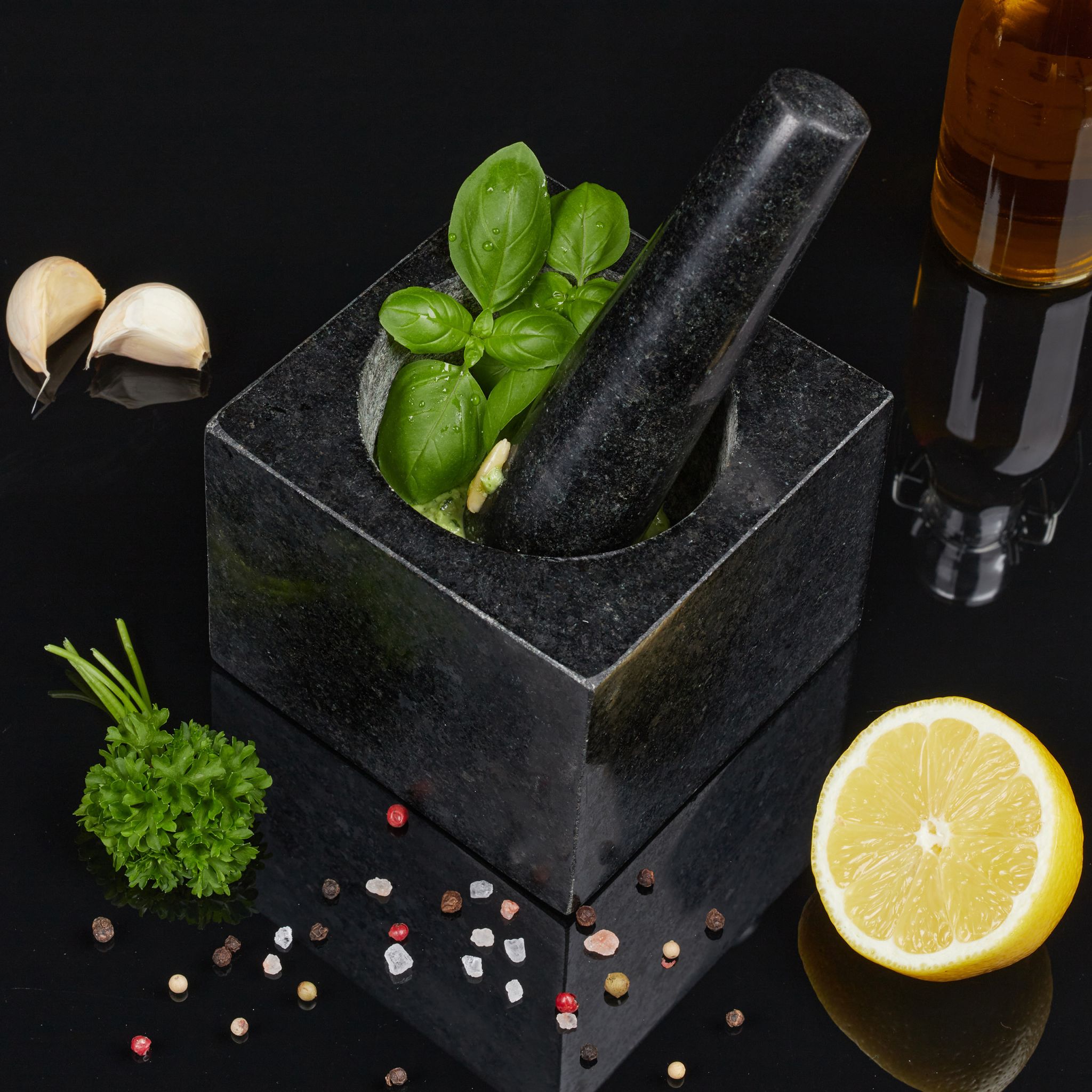 Eckiger Granit Mörser mit Stössel Schwarz-Grau von Relaxdays