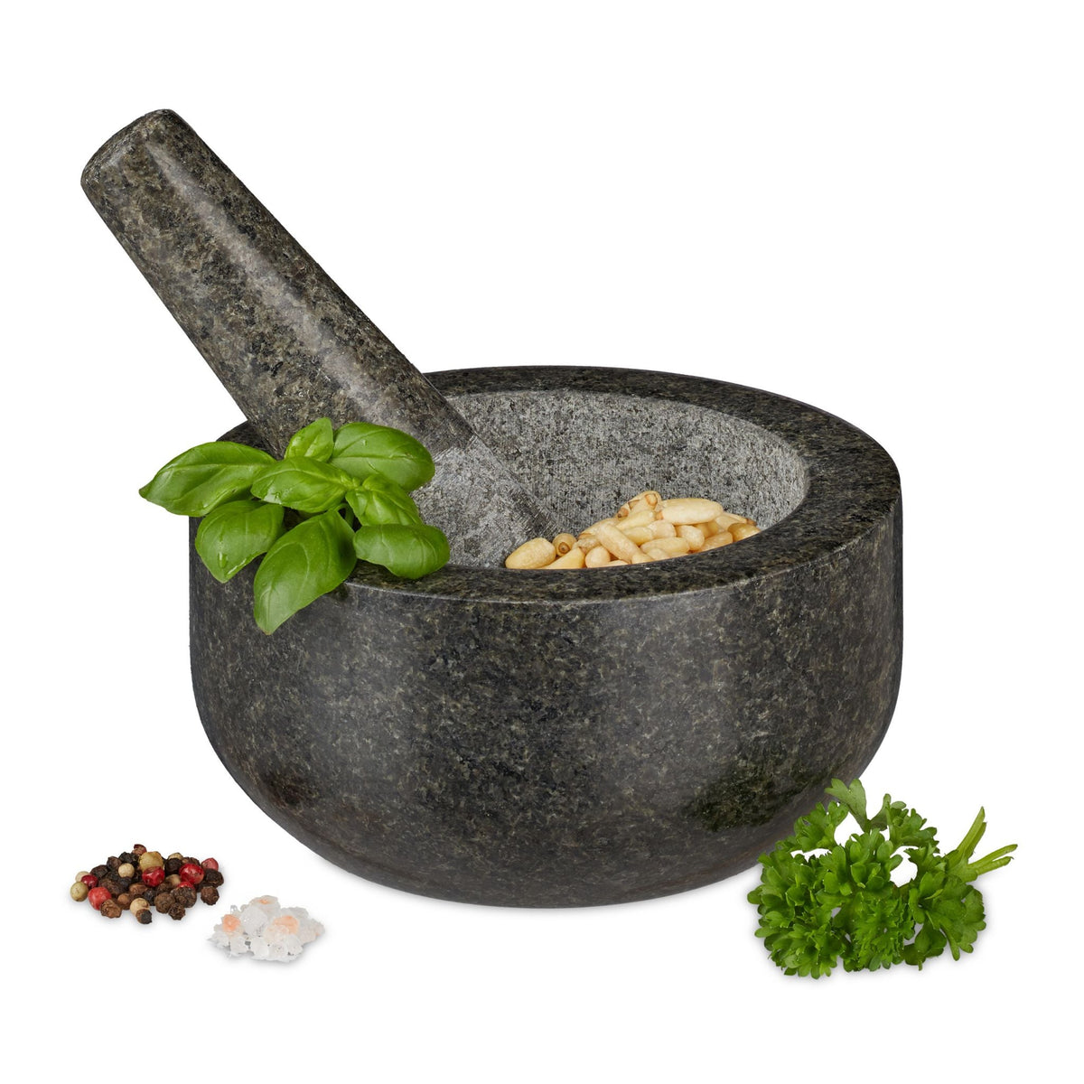 Granit Mörser mit Stössel 16cm Anthrazit-Grau von Relaxdays