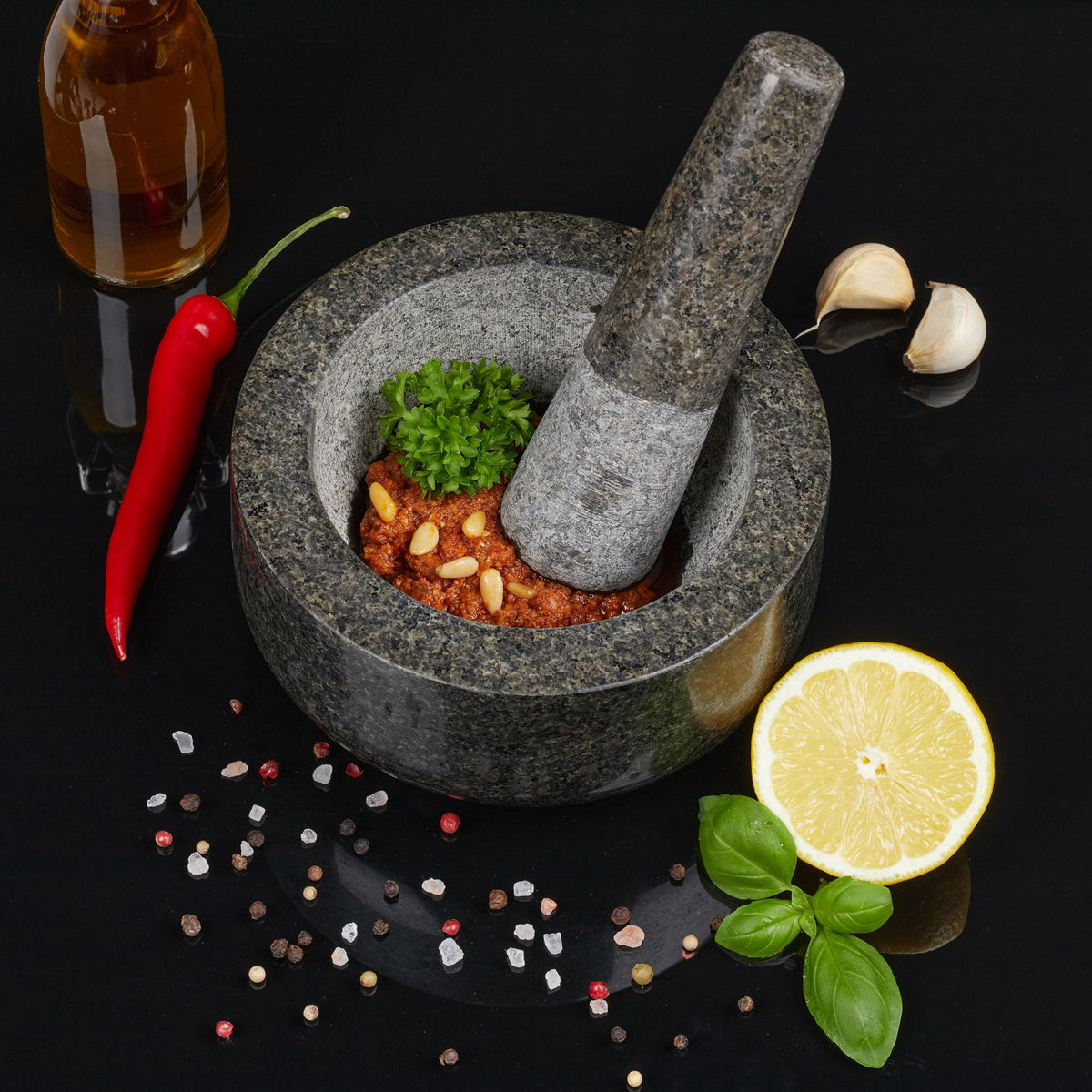 Granit Mörser mit Stössel 16cm Anthrazit-Grau von Relaxdays