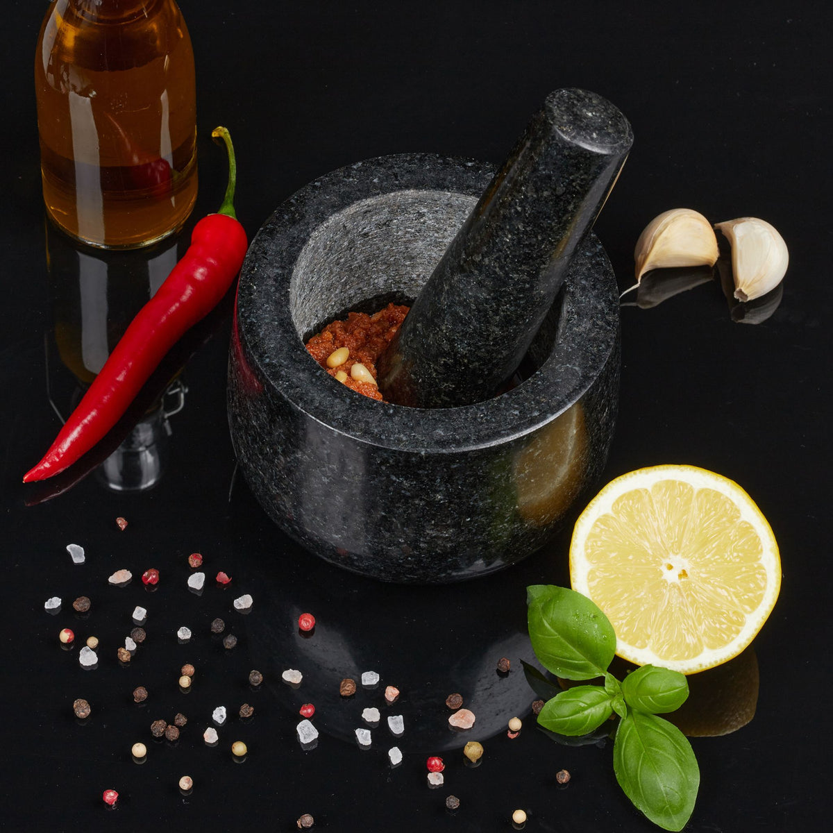 Granit Mörser mit Stössel 12cm Schwarz von Relaxdays