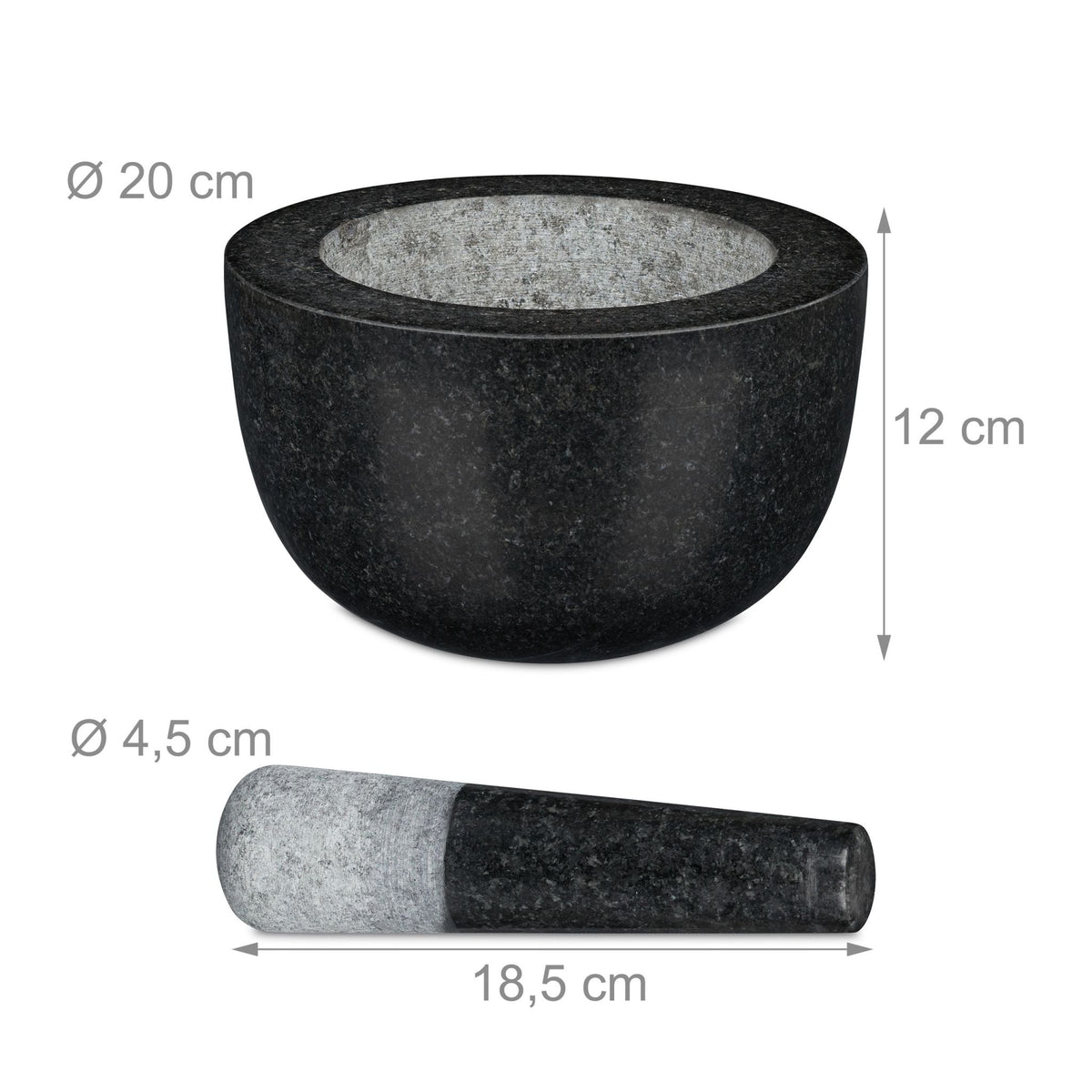 Runder Mörser mit Stössel Granit Schwarz-Grau von Relaxdays