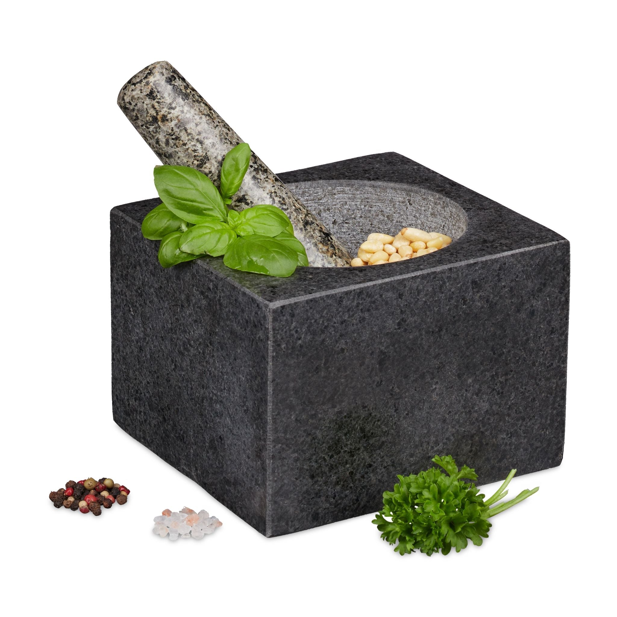 Eckiger Mörser mit Stössel Granit Anthrazit-Beige von Relaxdays