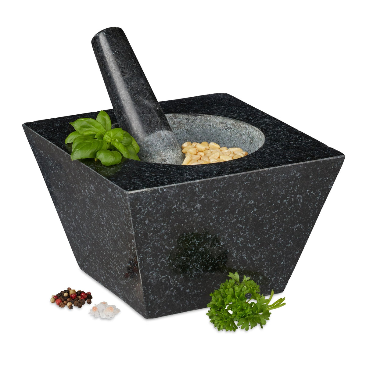 Eckiger Mörser mit Stössel Granit Schwarz-Grau von Relaxdays