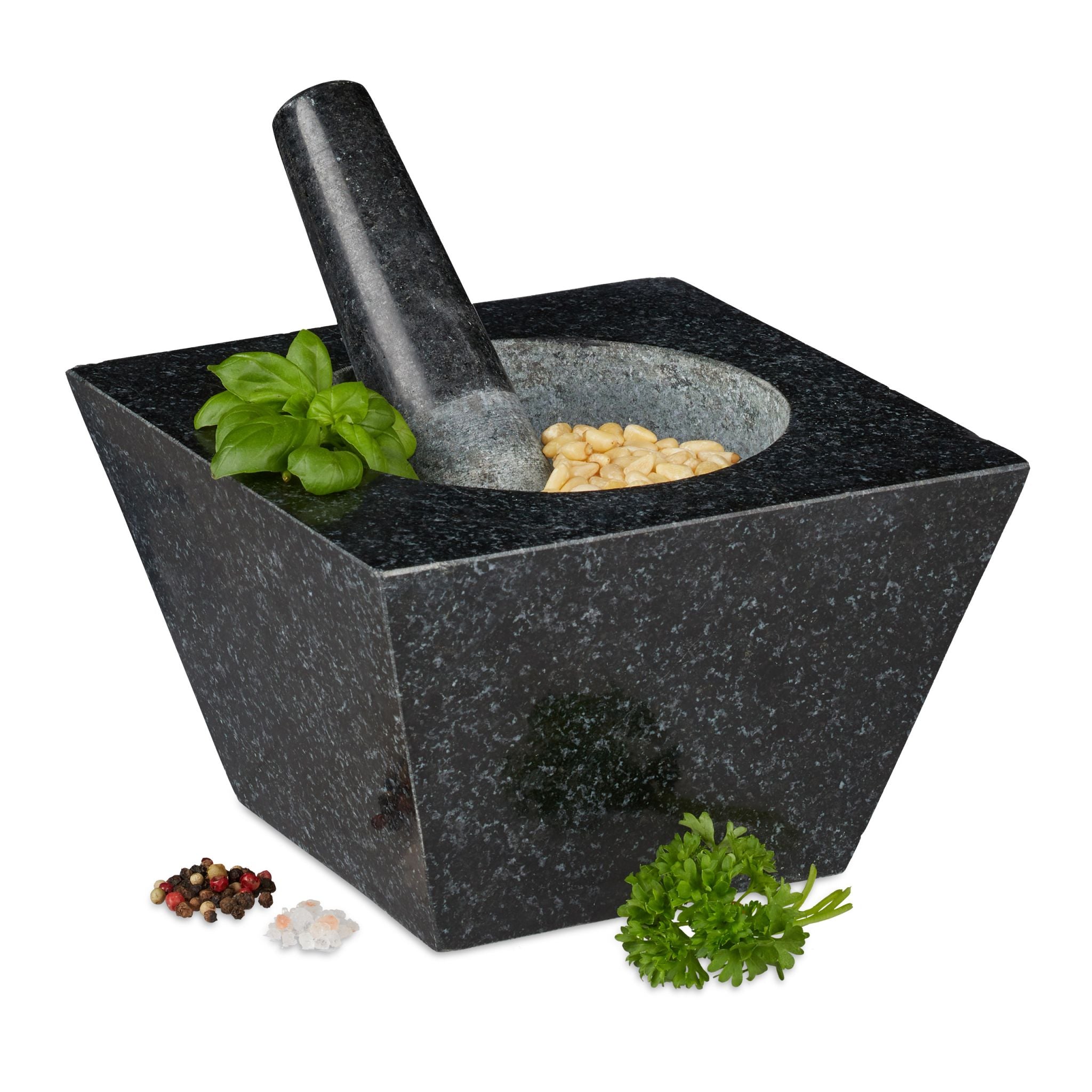 Eckiger Mörser mit Stössel Granit Schwarz-Grau von Relaxdays