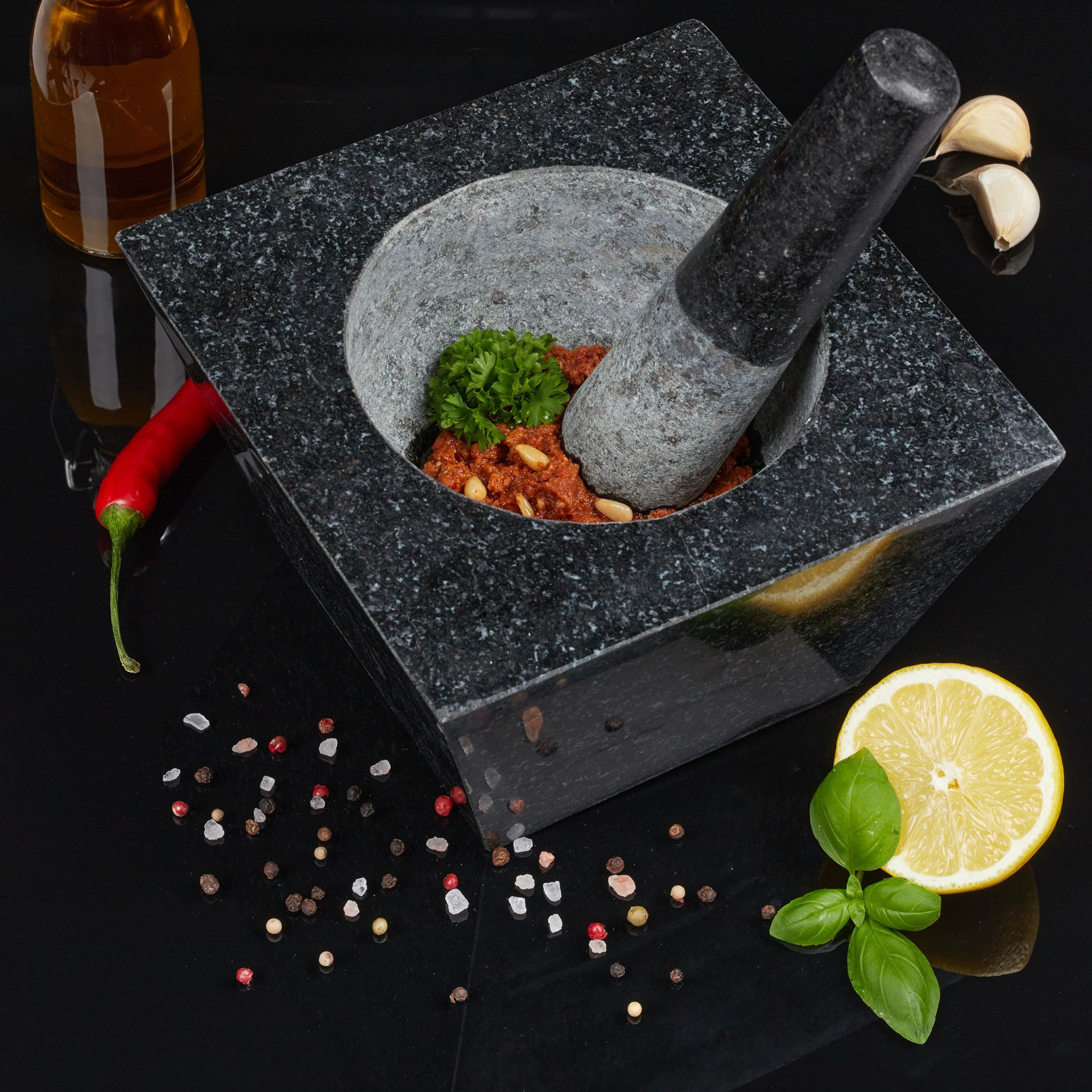 Eckiger Mörser mit Stössel Granit Schwarz-Grau von Relaxdays