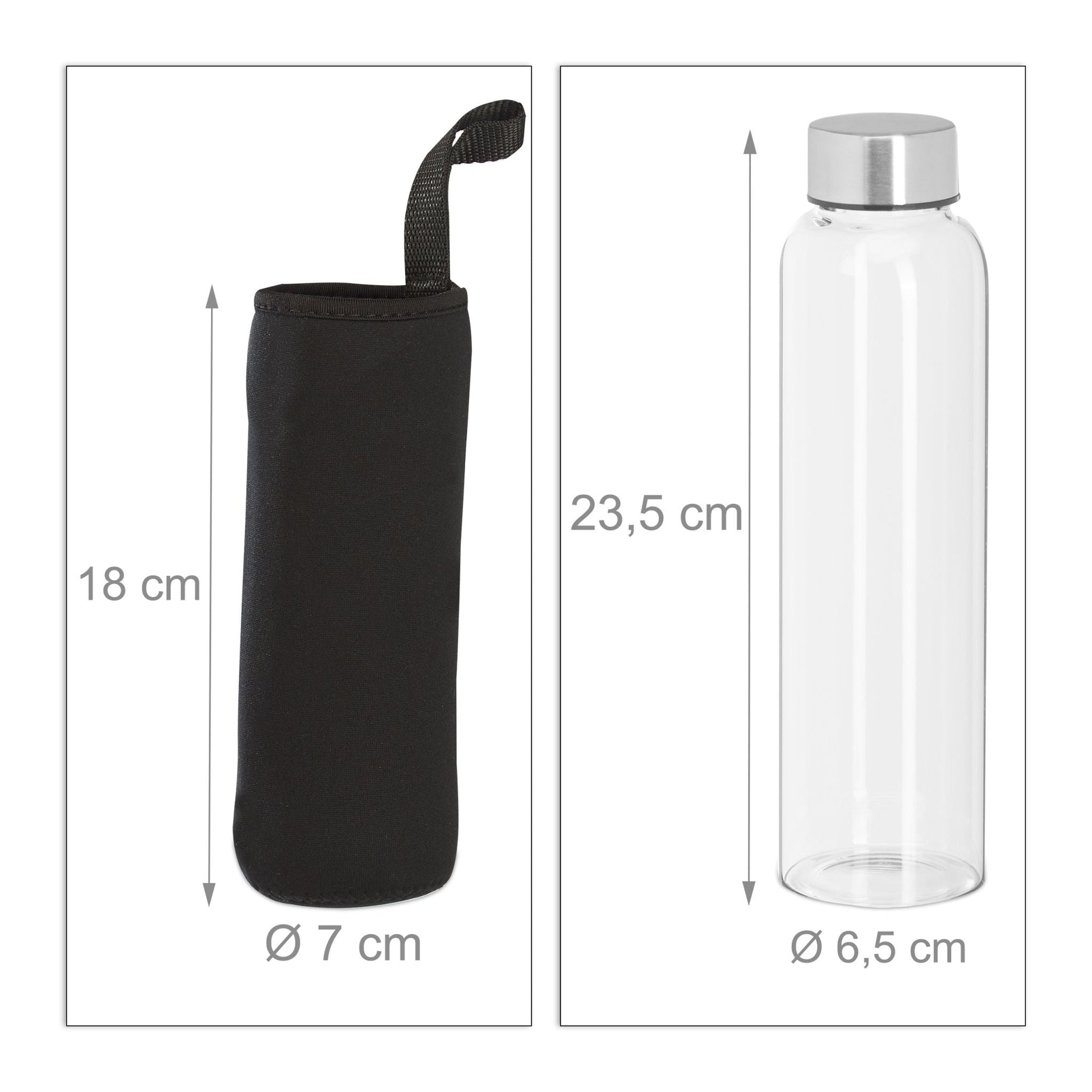 Trinkflasche Glas 500ml 6er-Set Schwarz-Silber-Transparent von Relaxdays