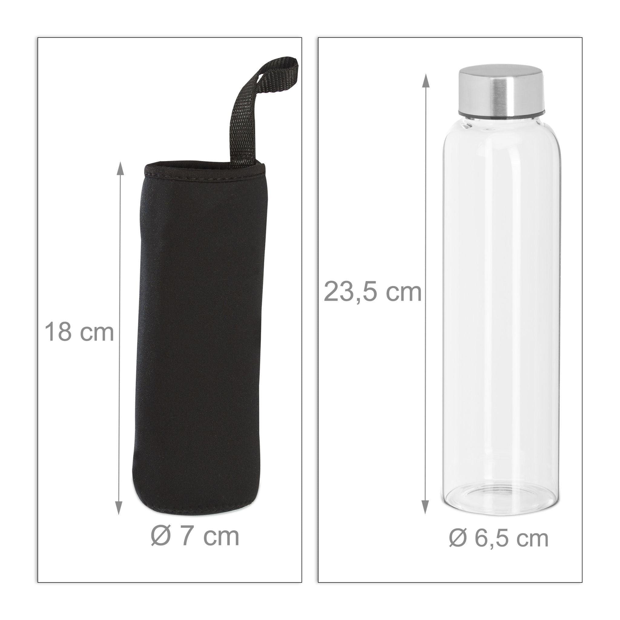 Trinkflasche Glas 500ml 6er-Set Schwarz-Silber-Transparent von Relaxdays
