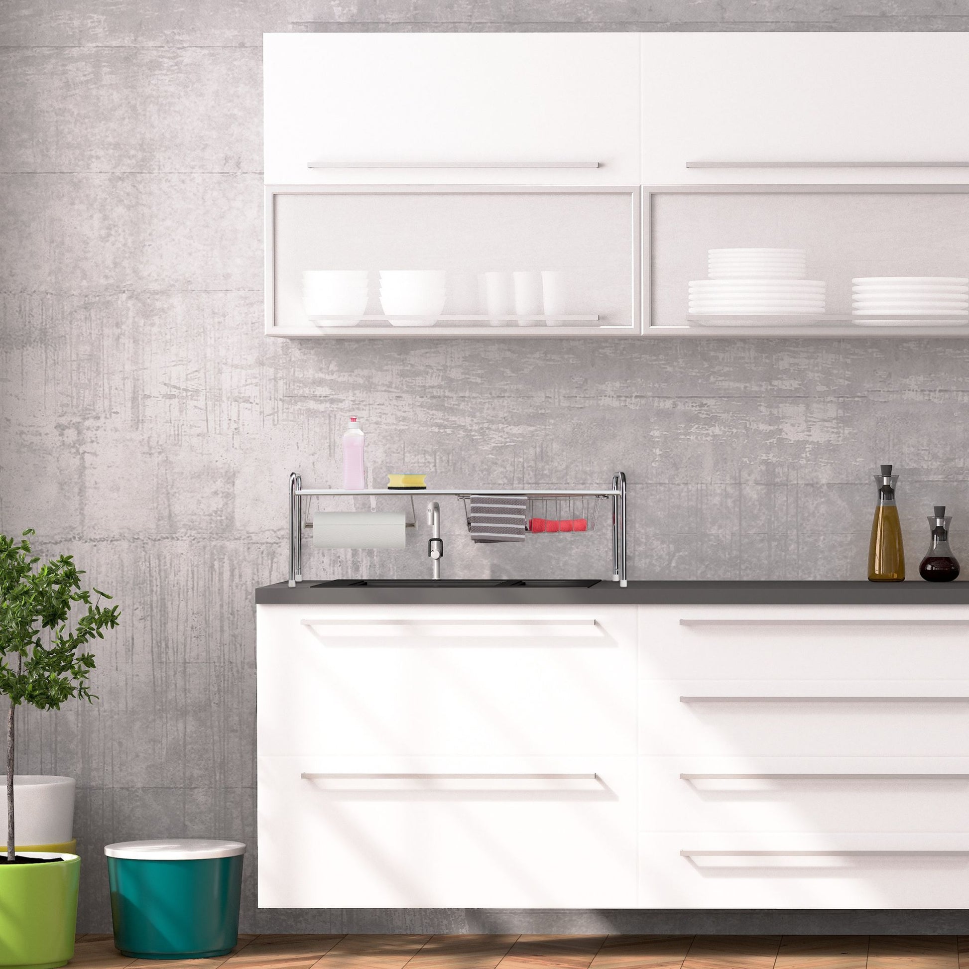 Spülbeckenregal mit Küchenrollenhalter Weiss-Silber von Relaxdays