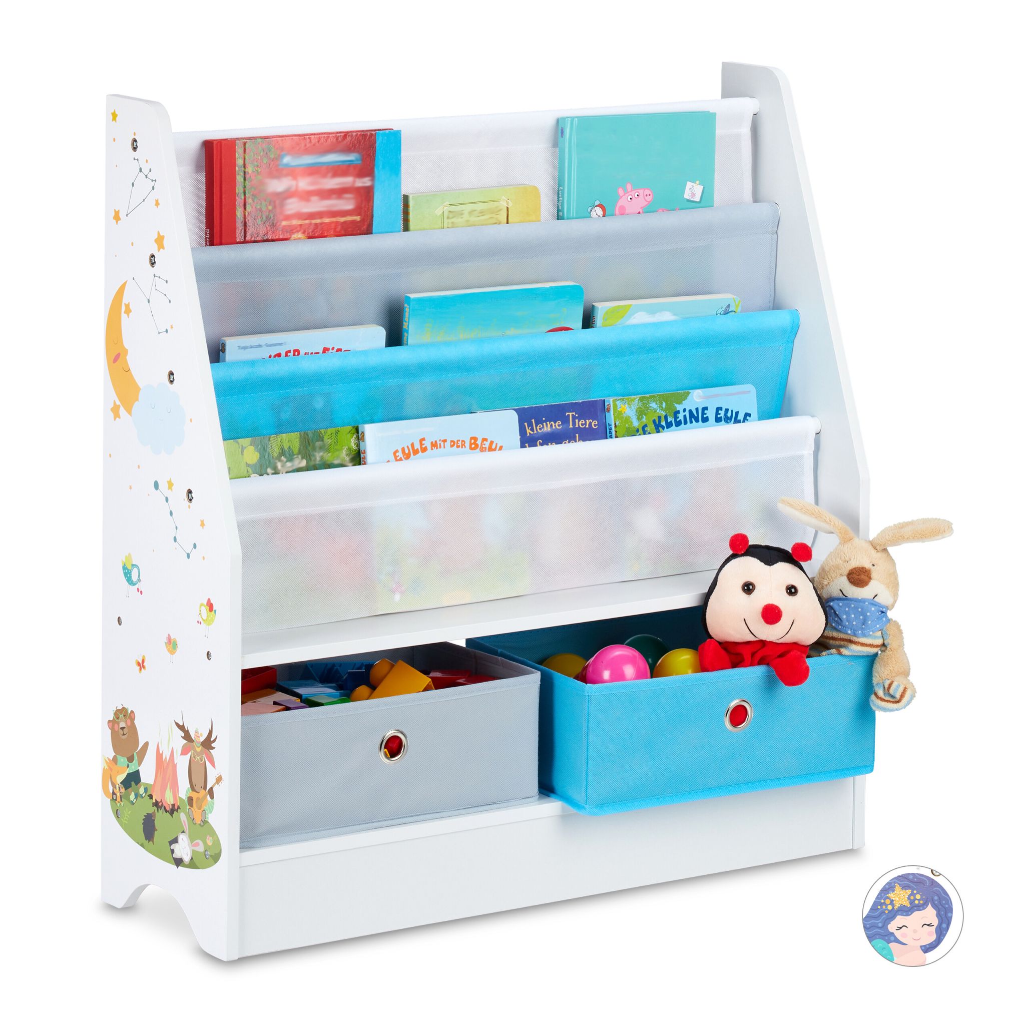 Kinderregal mit 2 Boxen & 3 Hängefächern Weiss-Hellblau-Grau von Relaxdays