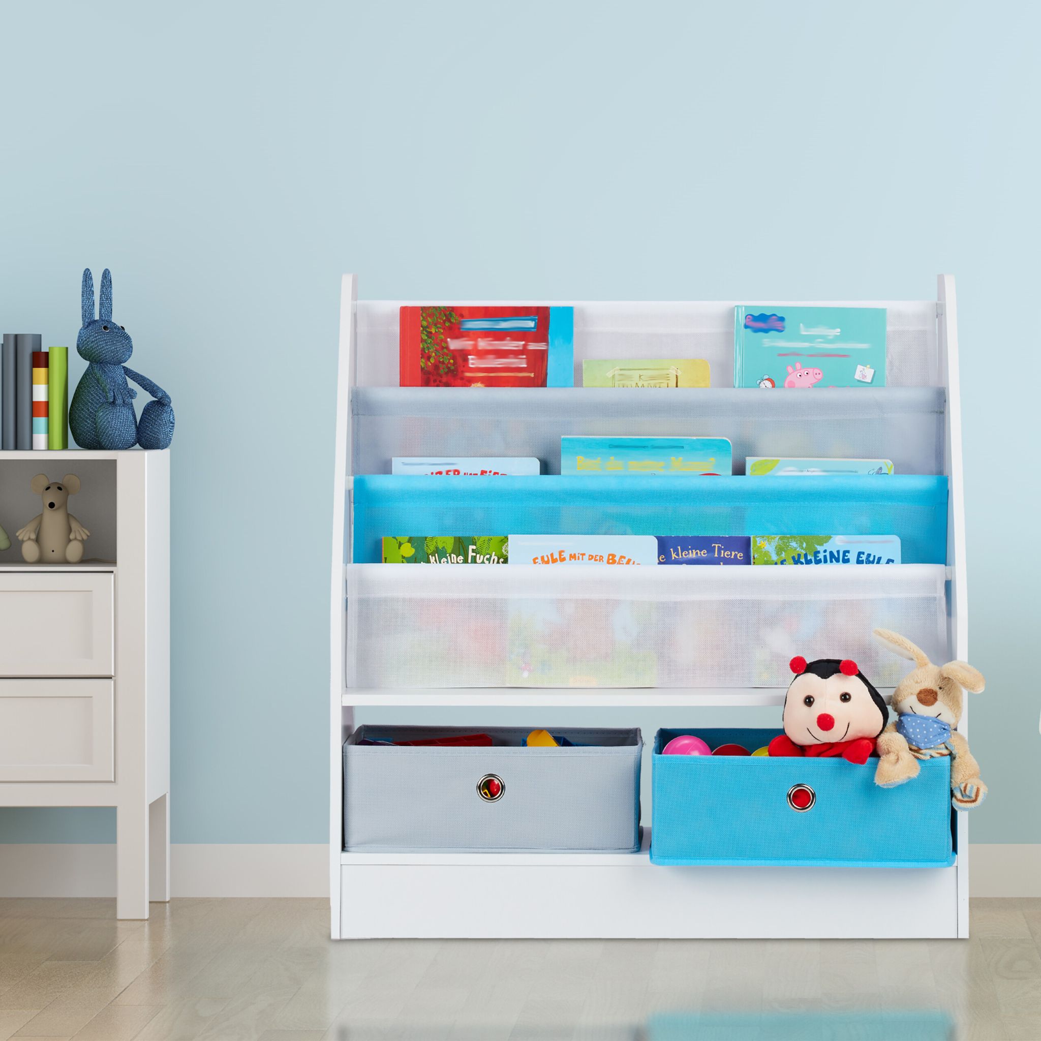 Kinderregal mit 2 Boxen & 3 Hängefächern Weiss-Hellblau-Grau von Relaxdays
