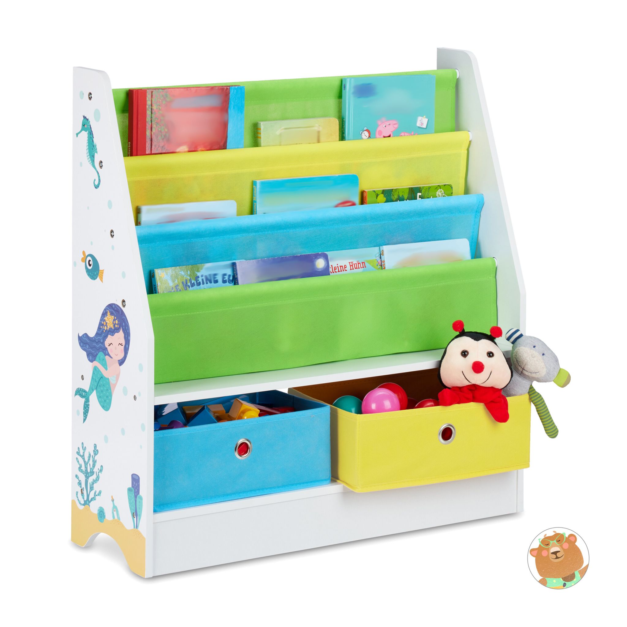 Kinderregal mit 2 Boxen & 3 Hängefächern Weiss-Grün-Hellblau von Relaxdays