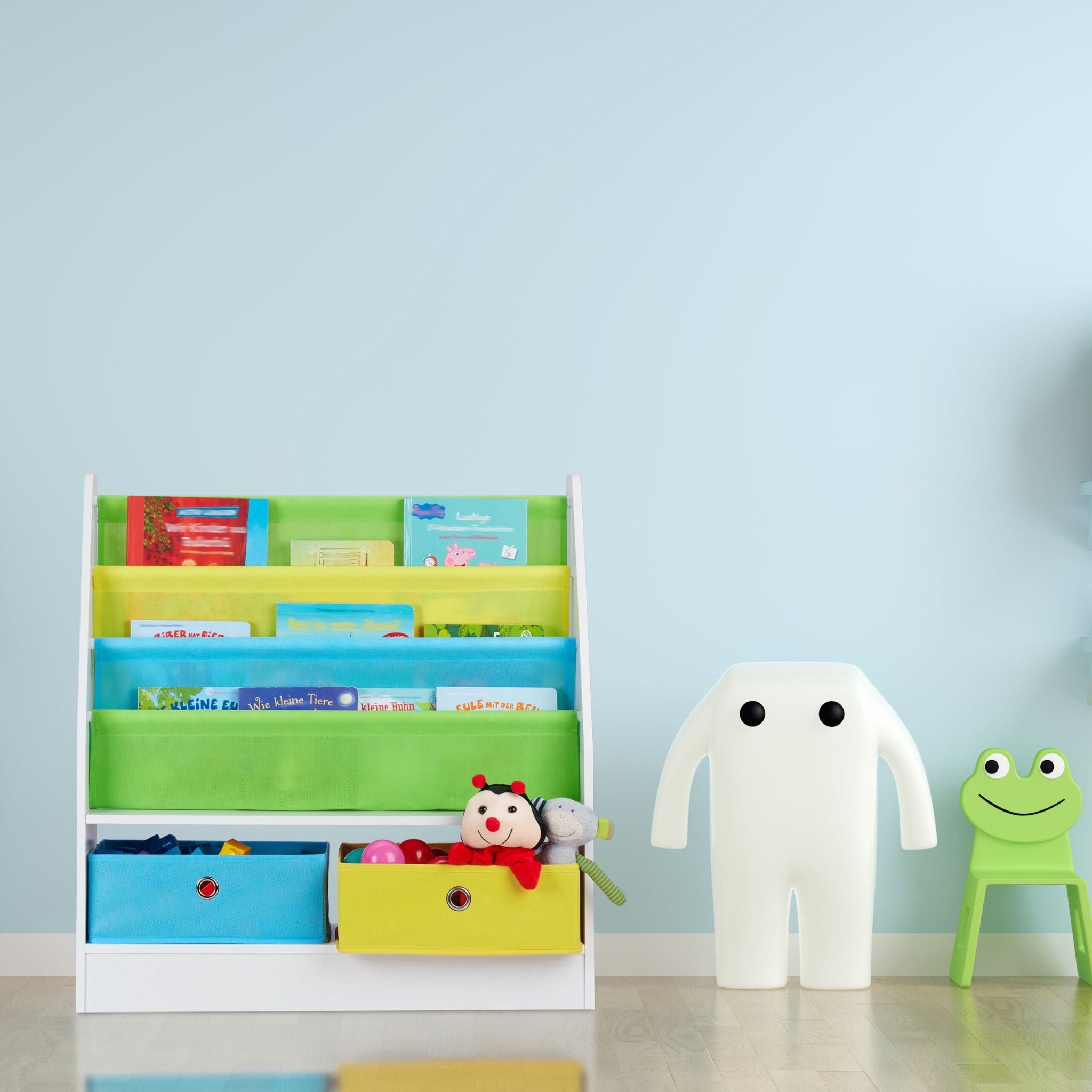 Kinderregal mit 2 Boxen & 3 Hängefächern Weiss-Grün-Hellblau von Relaxdays