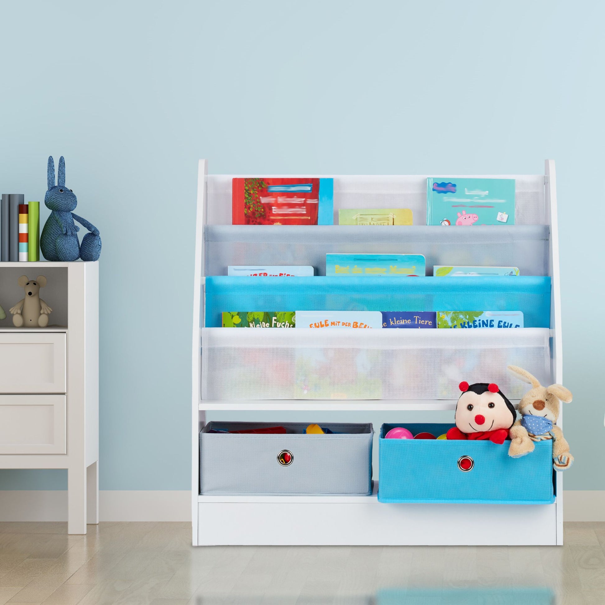 Kinderregal mit 2 Boxen & 3 Hängefächern Weiss-Grün-Hellblau von Relaxdays