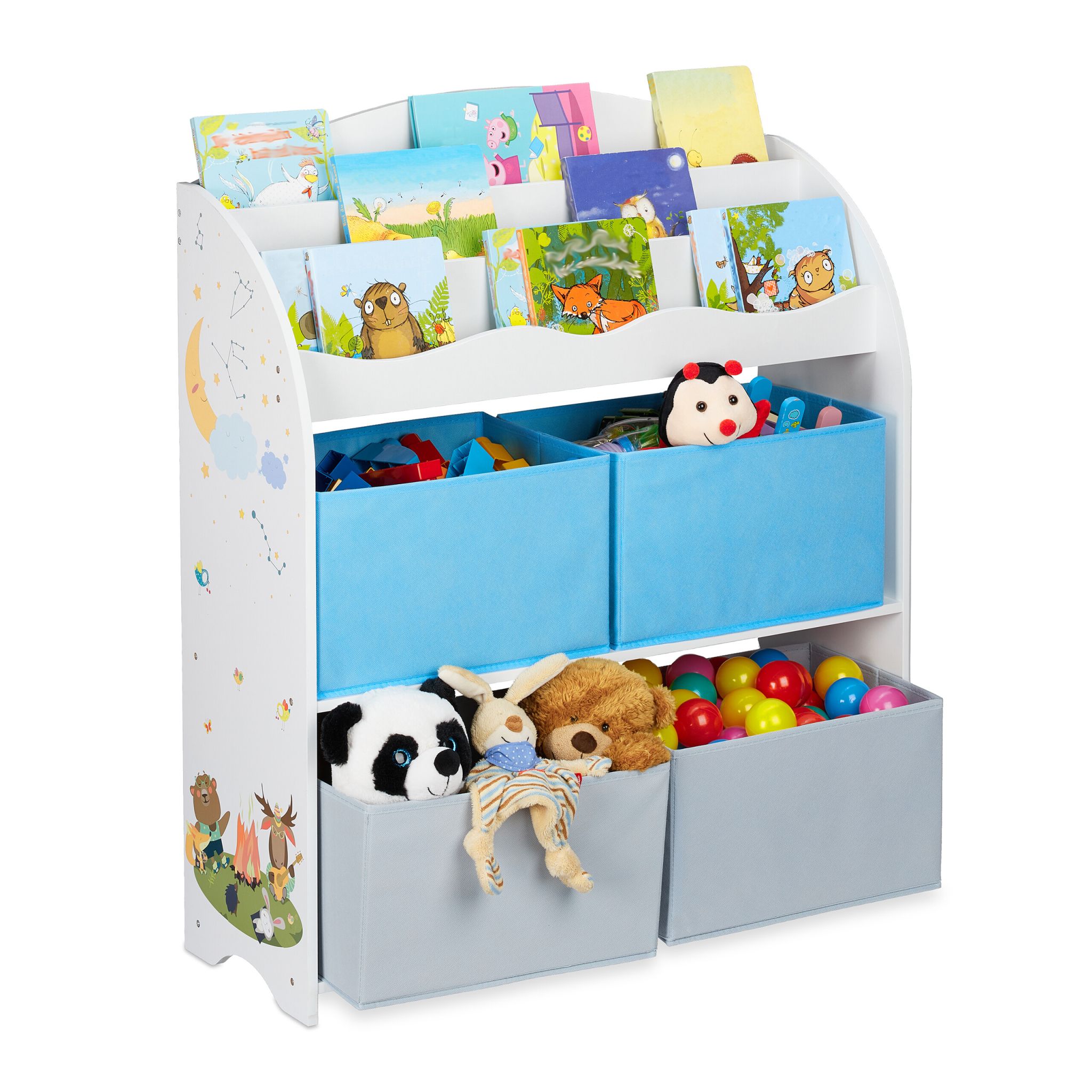 Kinderregal mit 4 Stoffboxen Weiss-Hellblau-Grau von Relaxdays
