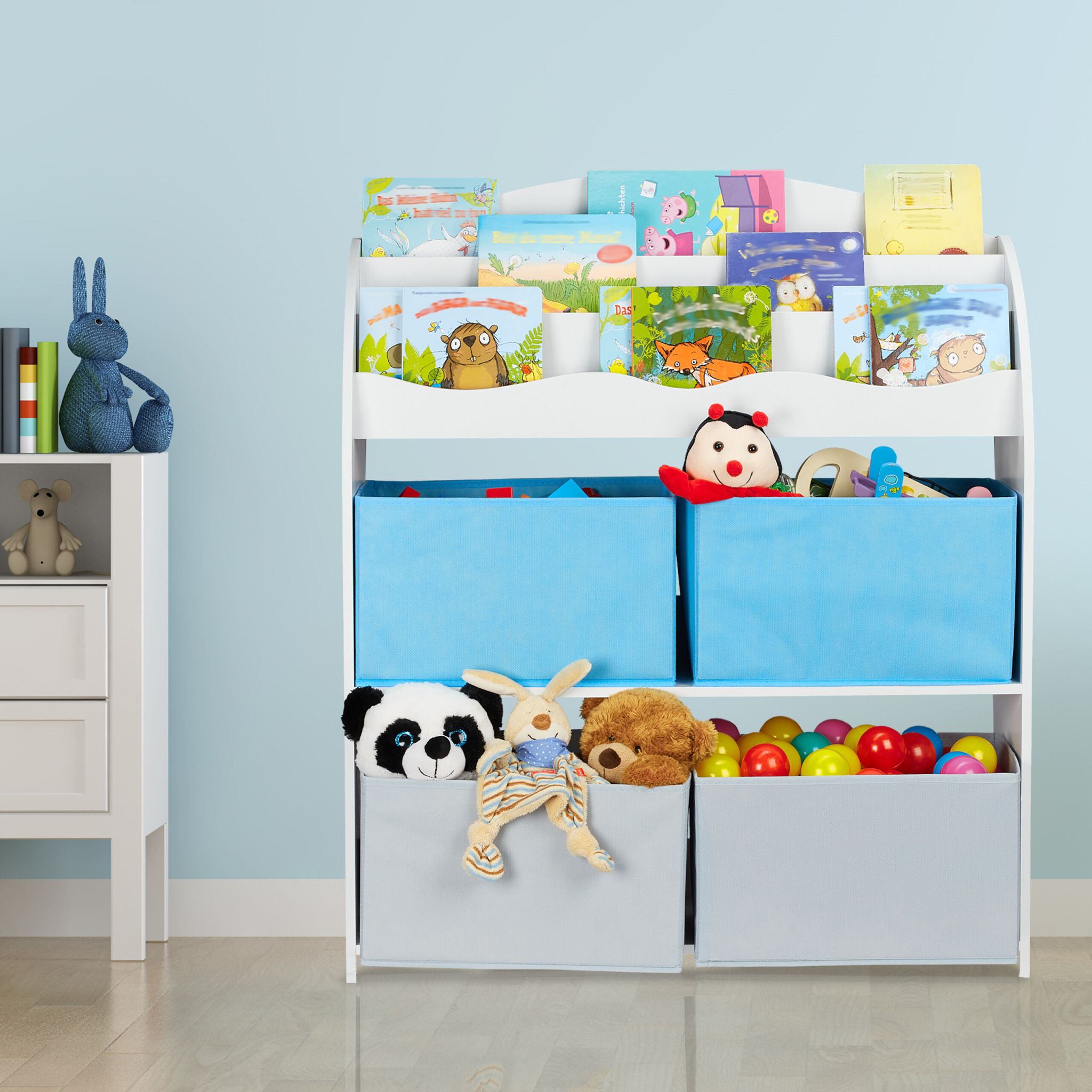 Kinderregal mit 4 Stoffboxen Weiss-Hellblau-Grau von Relaxdays