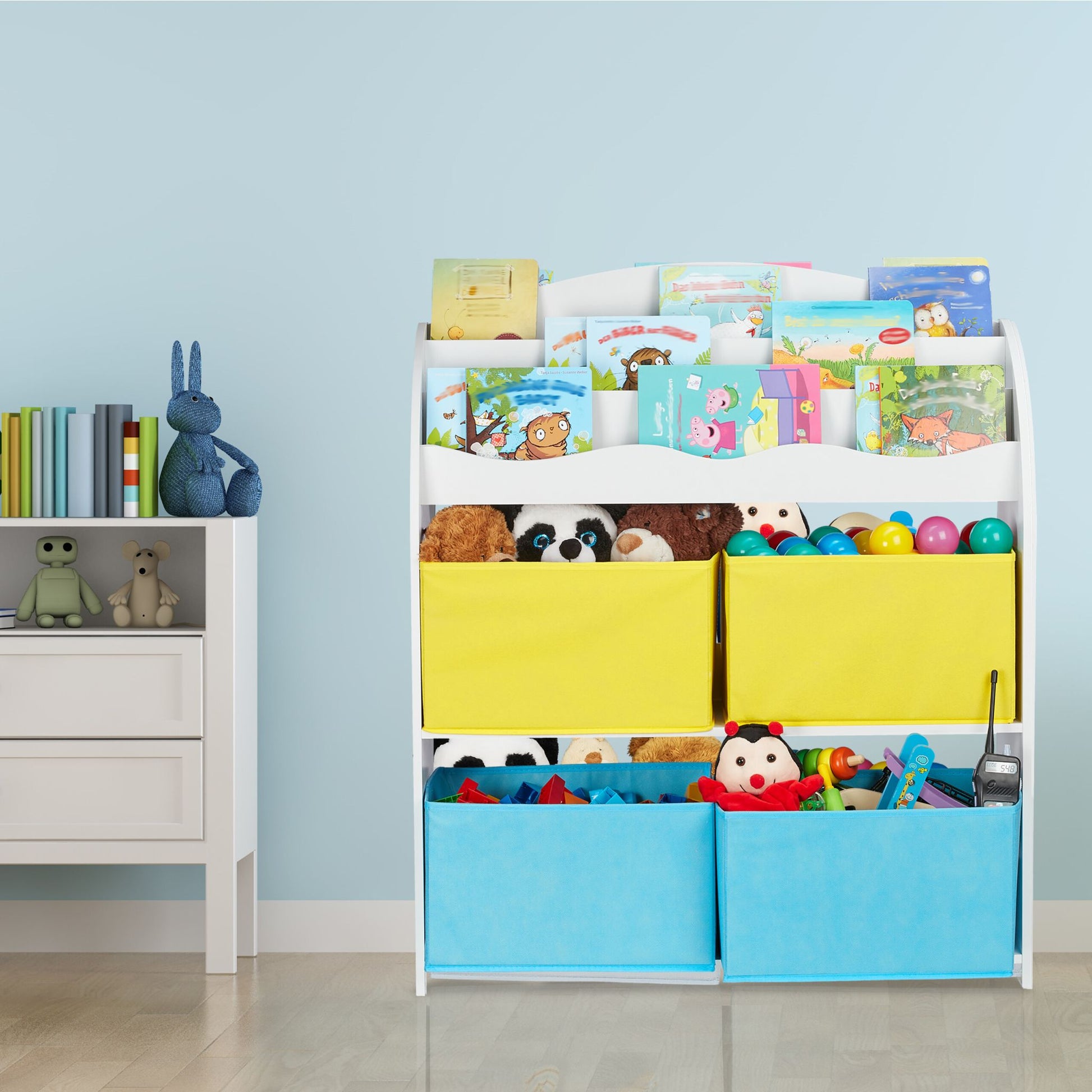 Kinderregal mit 4 Stoffboxen Weiss-Hellblau-Grau von Relaxdays