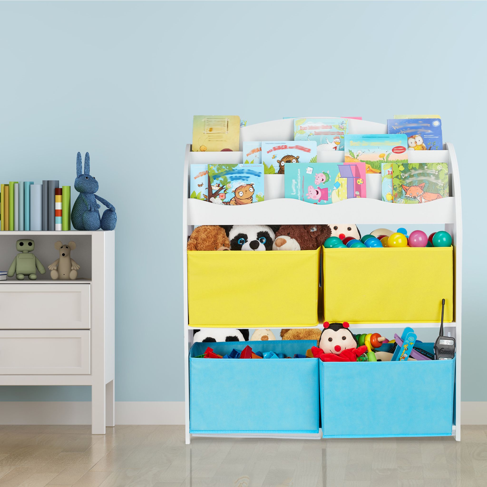 Kinderregal mit 4 Stoffboxen Weiss-Hellblau-Grau von Relaxdays