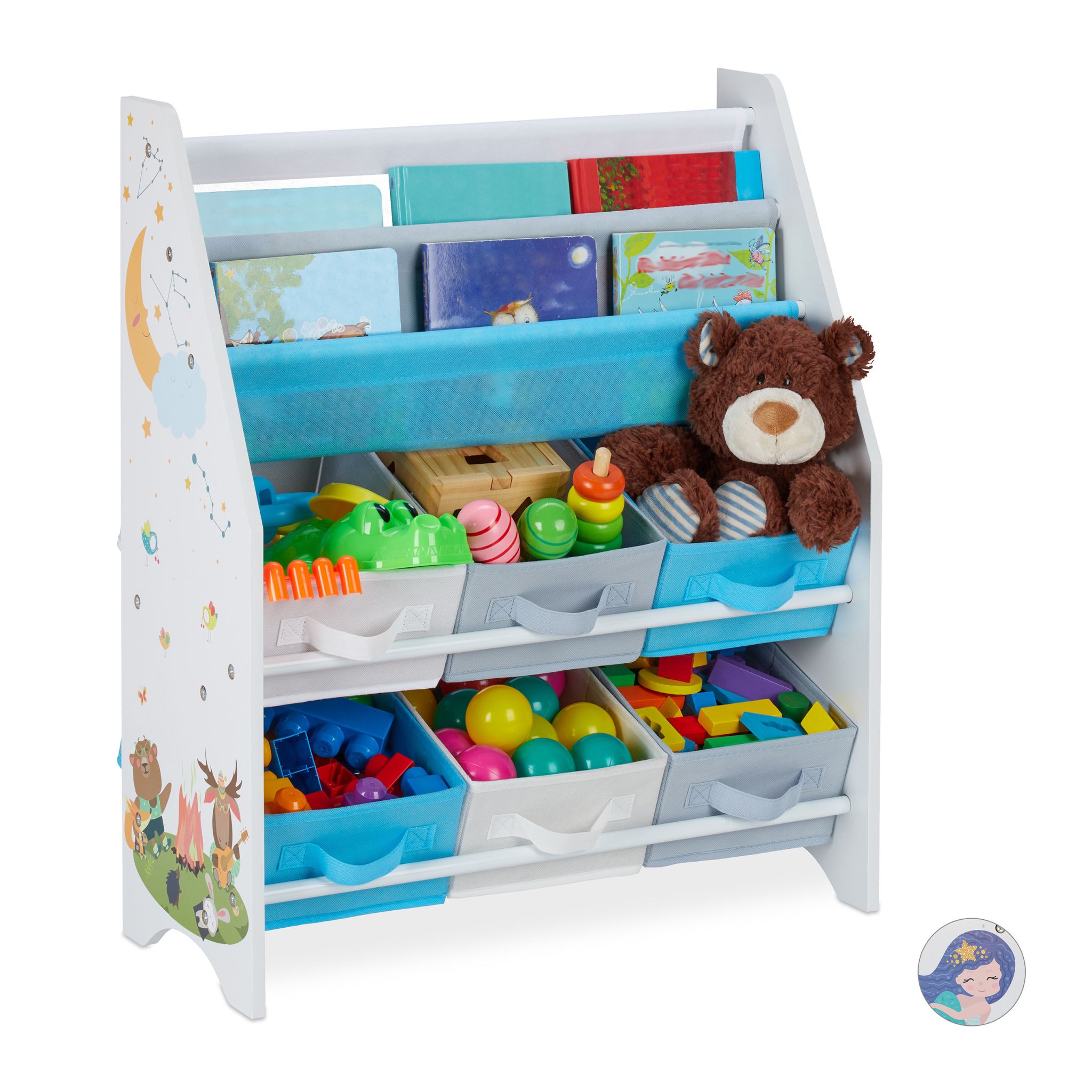 Kinderregal mit 6 Boxen & 2 Hängefächern Weiss-Hellblau-Grau von Relaxdays