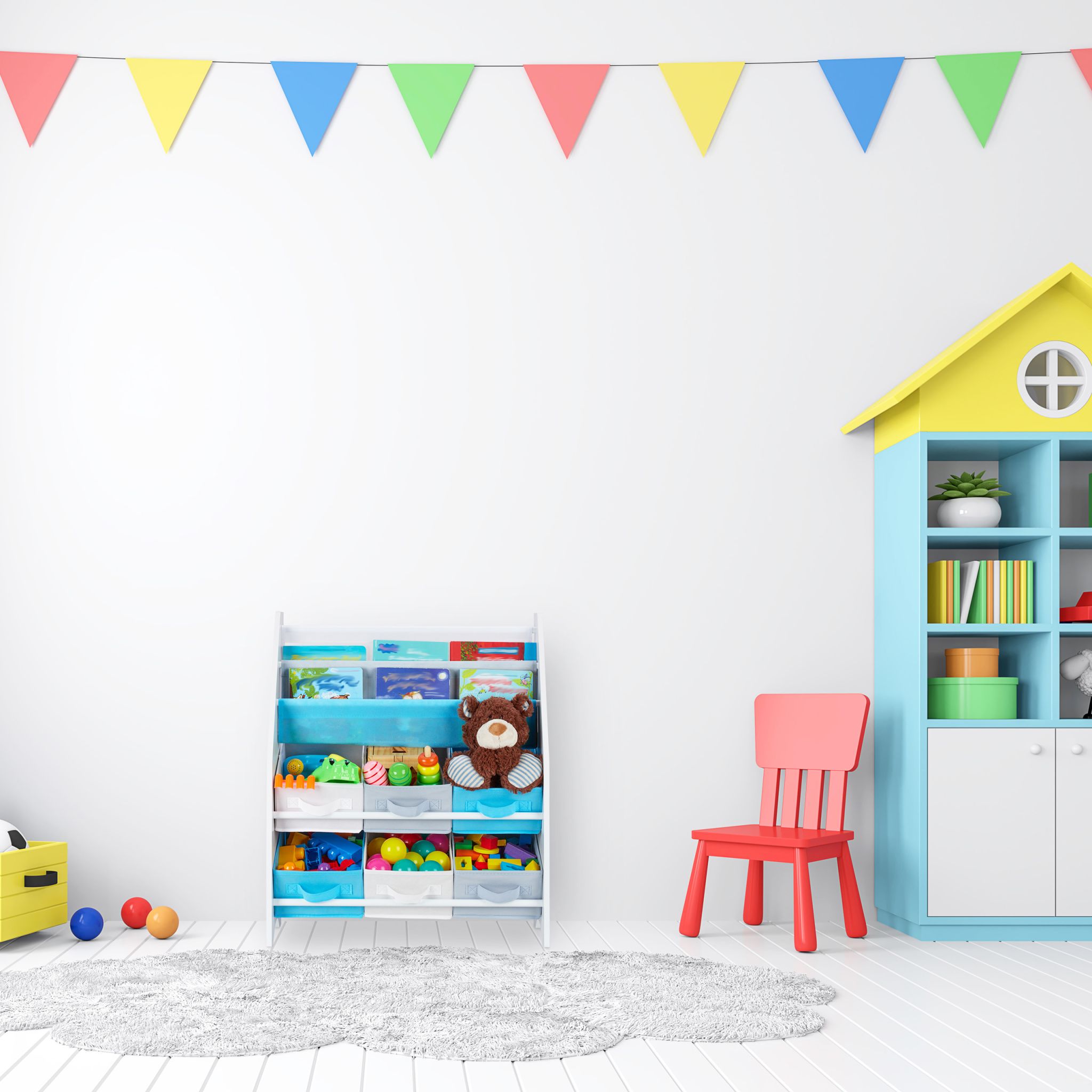 Kinderregal mit 6 Boxen & 2 Hängefächern Weiss-Hellblau-Grau von Relaxdays