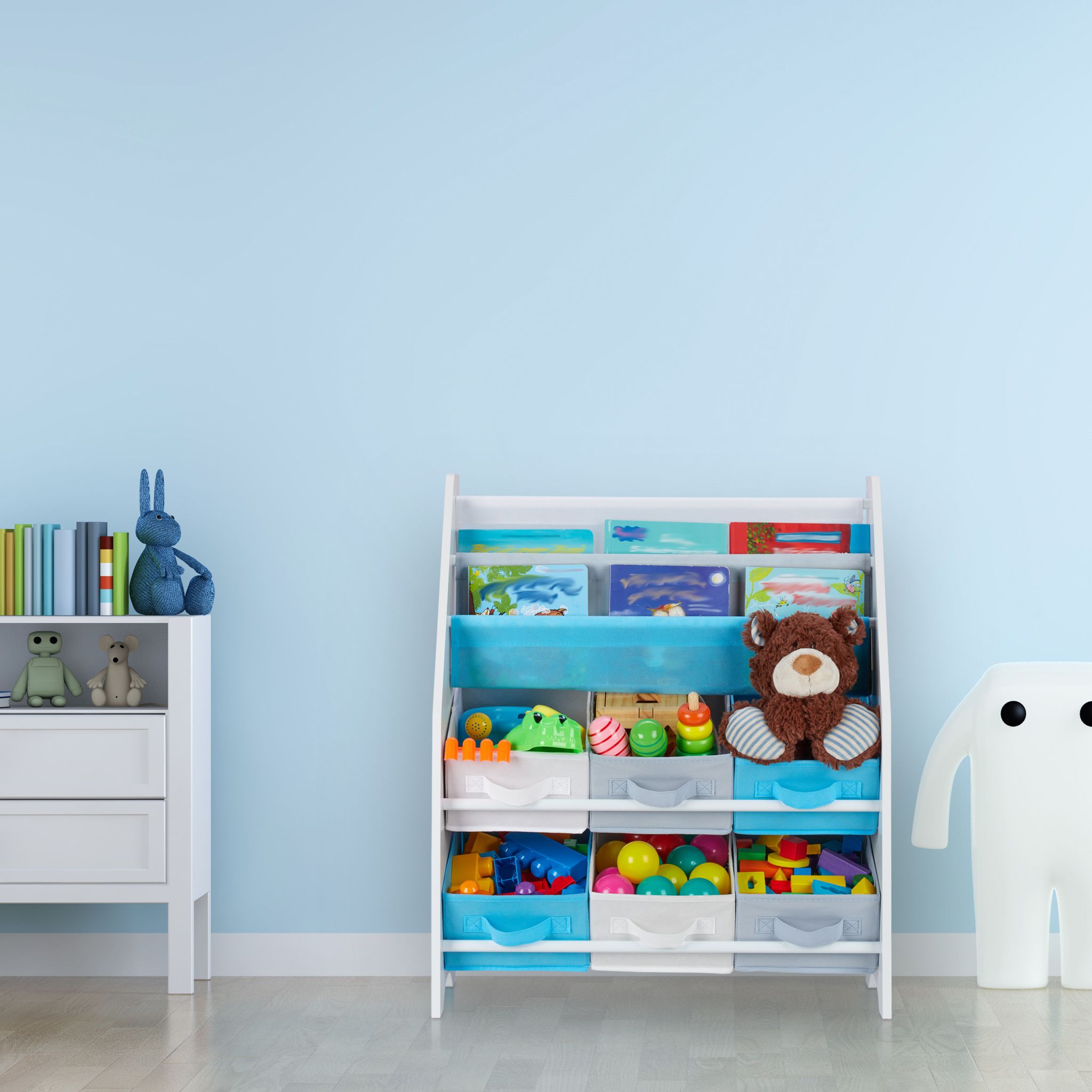 Kinderregal mit 6 Boxen & 2 Hängefächern Weiss-Hellblau-Grau von Relaxdays