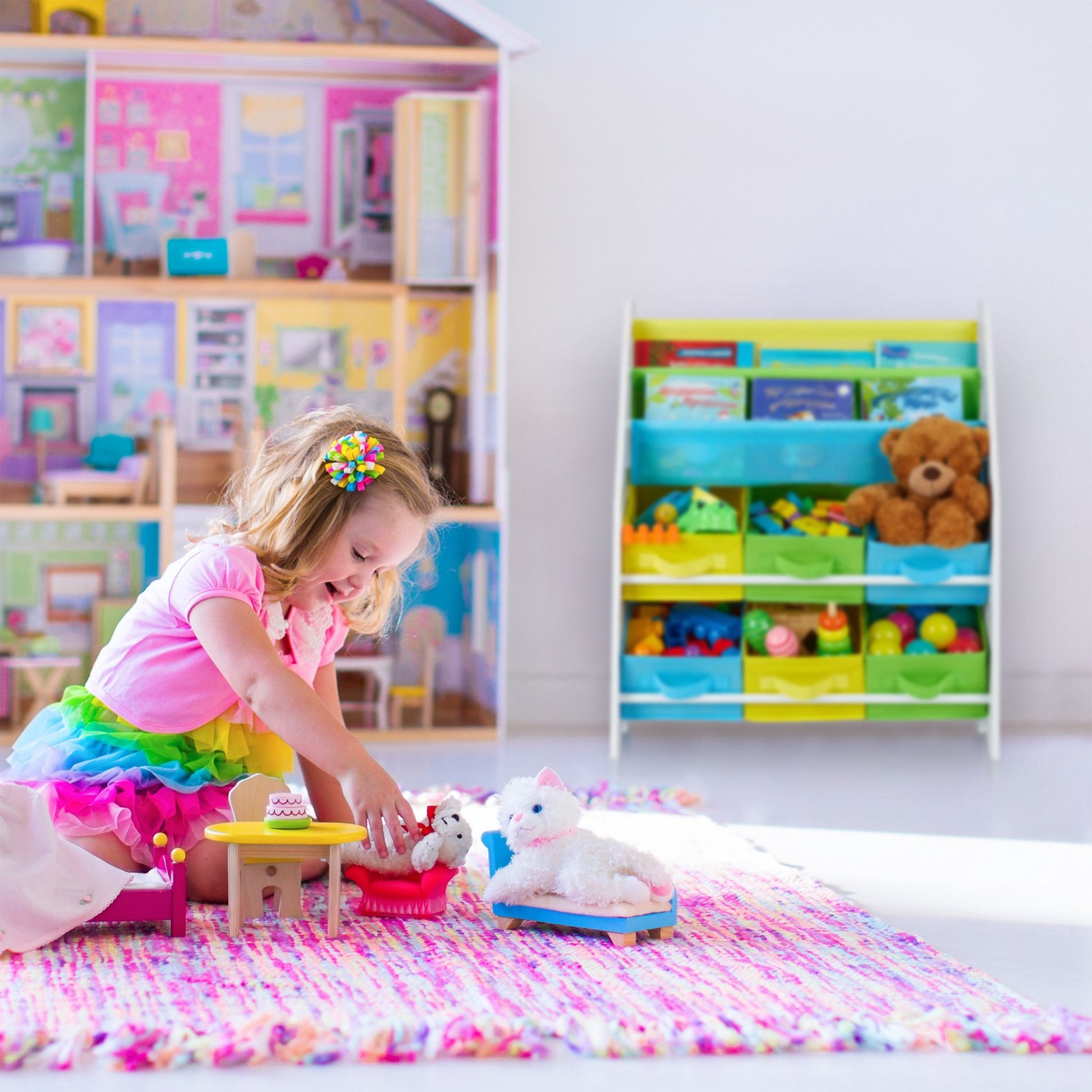 Kinderregal mit 6 Boxen & 2 Hängefächern Weiss-Hellblau-Grau von Relaxdays