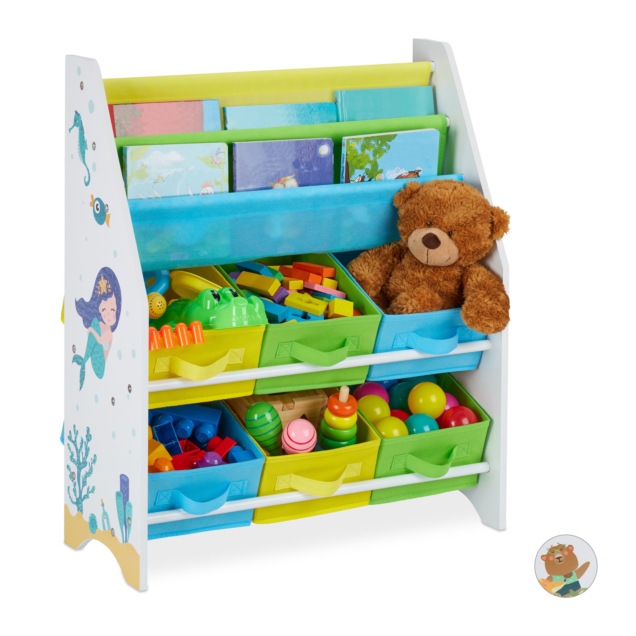 Kinderregal mit 6 Boxen & 2 Hängefächern Weiss-Gelb-Grün von Relaxdays