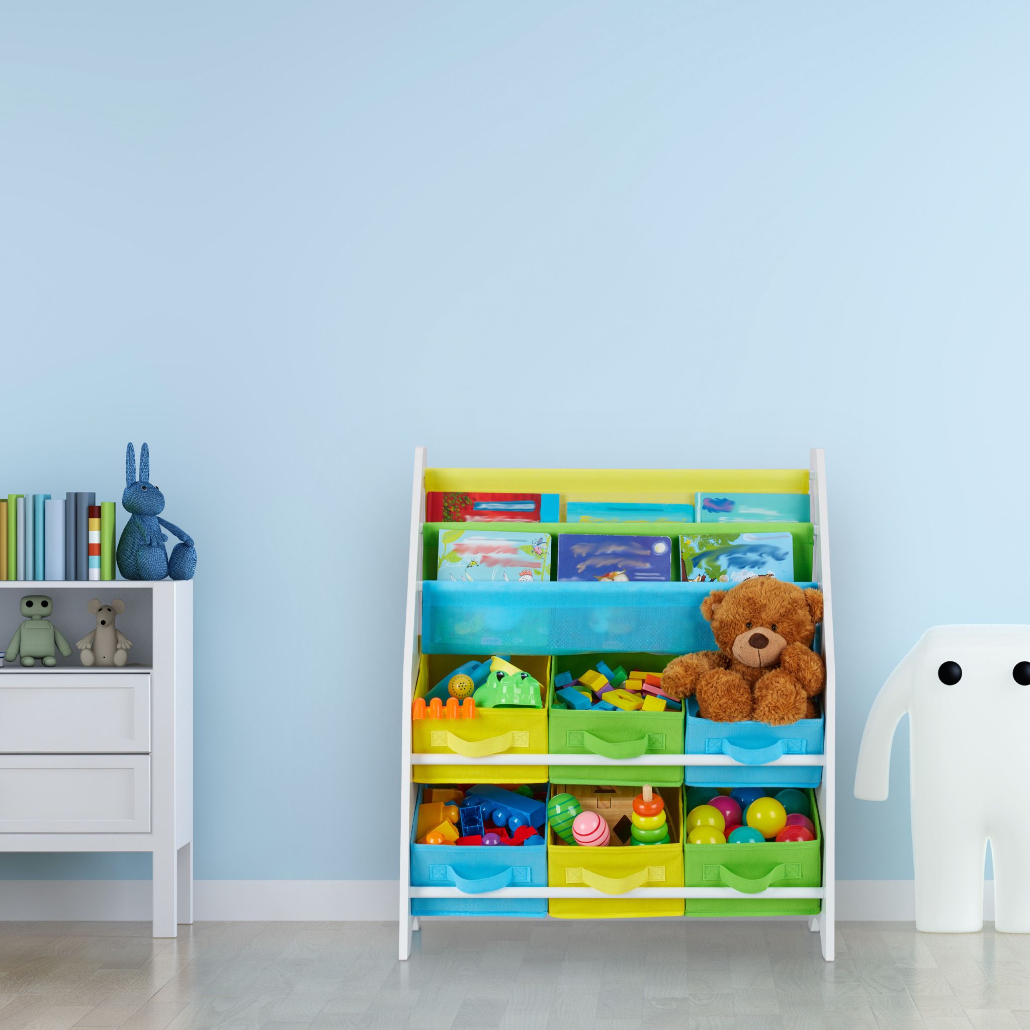 Kinderregal mit 6 Boxen & 2 Hängefächern Weiss-Gelb-Grün von Relaxdays