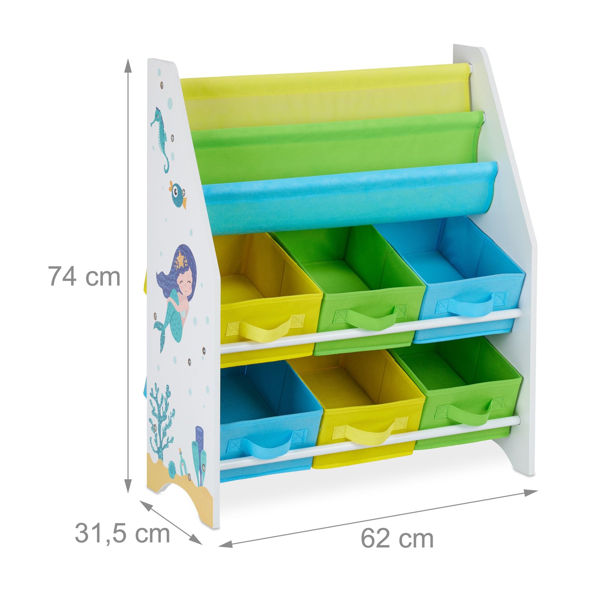Kinderregal mit 6 Boxen & 2 Hängefächern Weiss-Gelb-Grün von Relaxdays