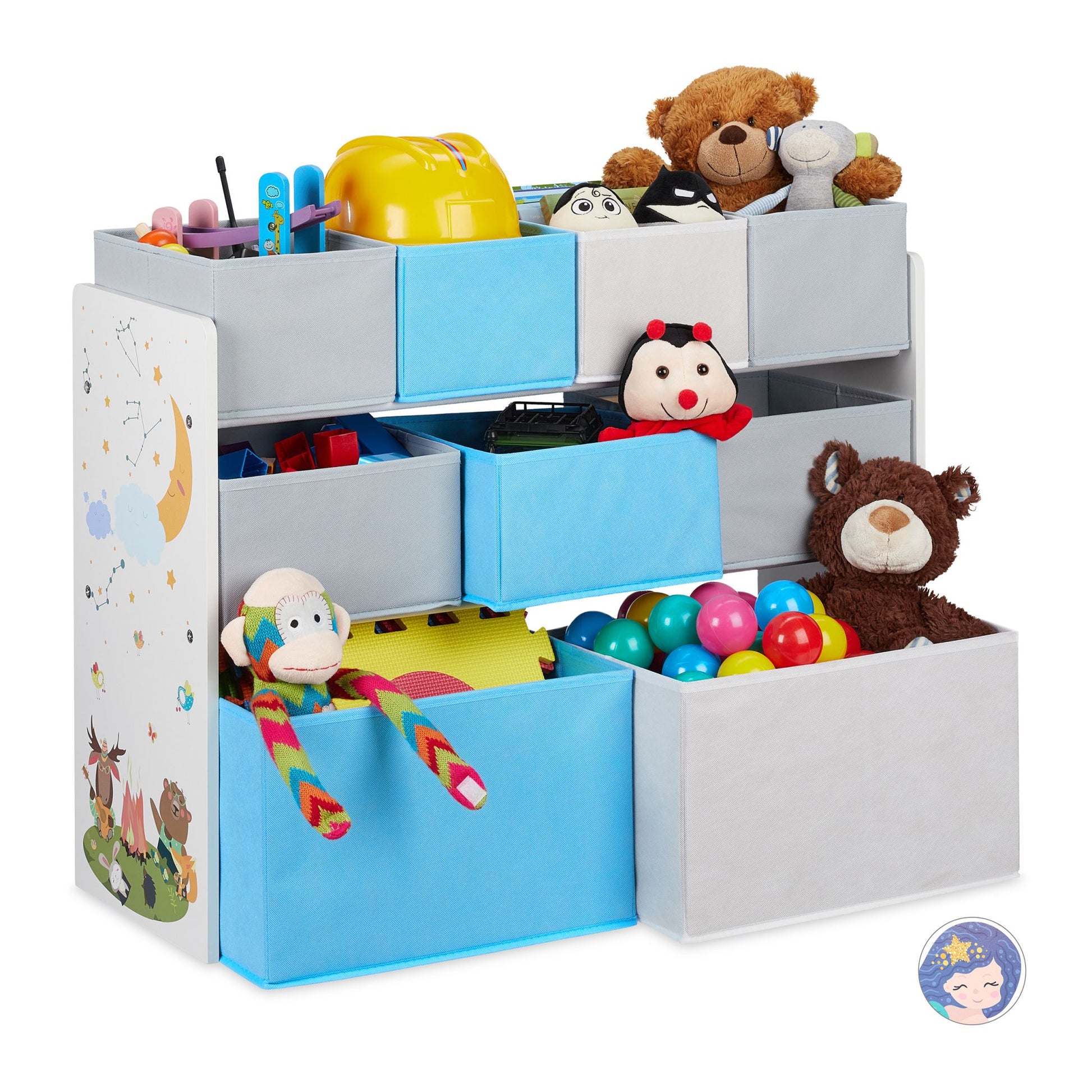 Kinderregal mit Motiv und 9 Boxen Weiss-Hellblau-Grau von Relaxdays