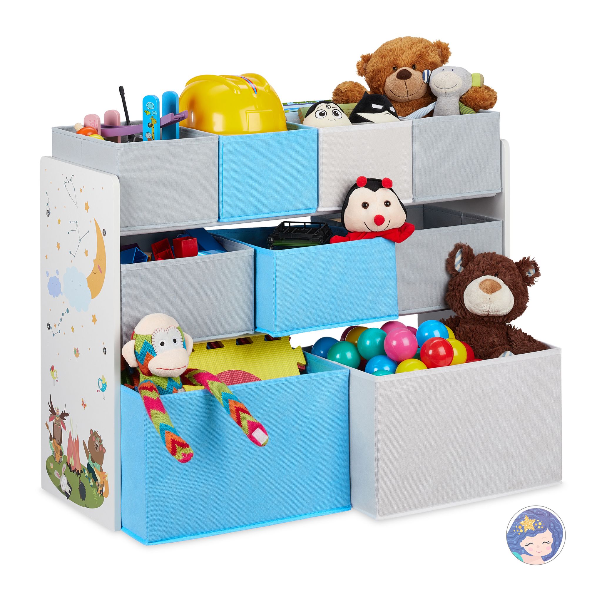 Kinderregal mit Motiv und 9 Boxen Weiss-Hellblau-Grau von Relaxdays