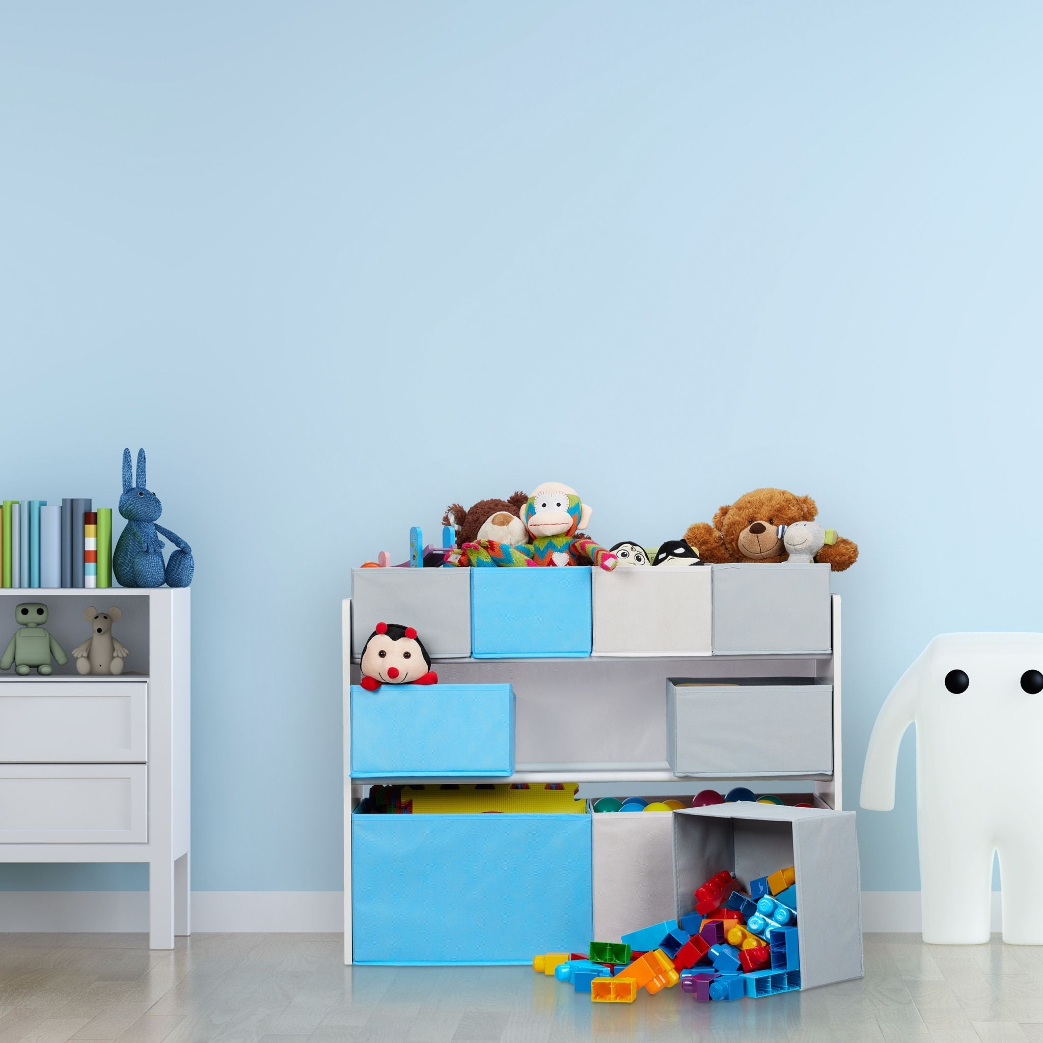 Kinderregal mit Motiv und 9 Boxen Weiss-Hellblau-Grau von Relaxdays