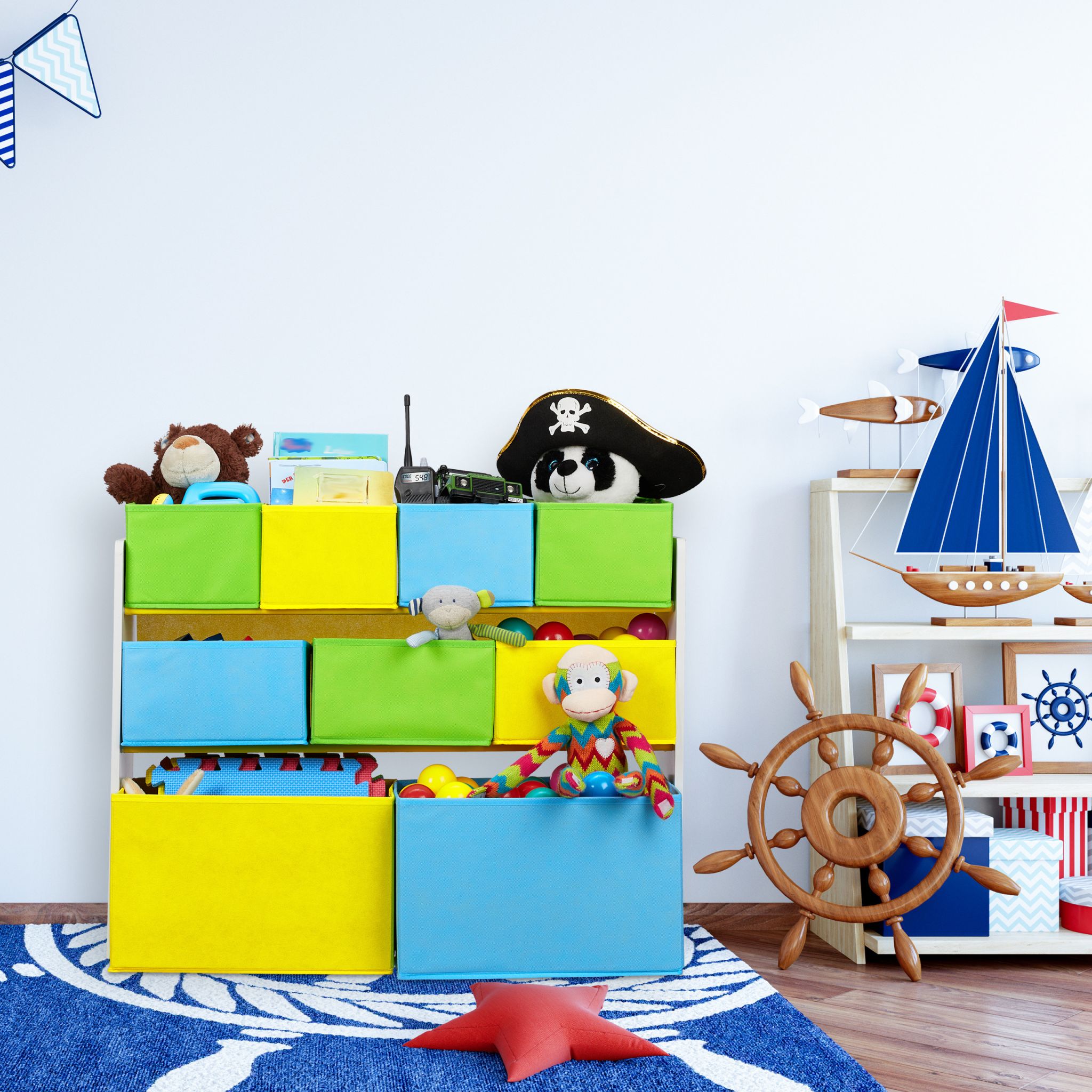 Kinderregal mit Motiv und 9 Boxen Weiss-Hellblau-Grau von Relaxdays
