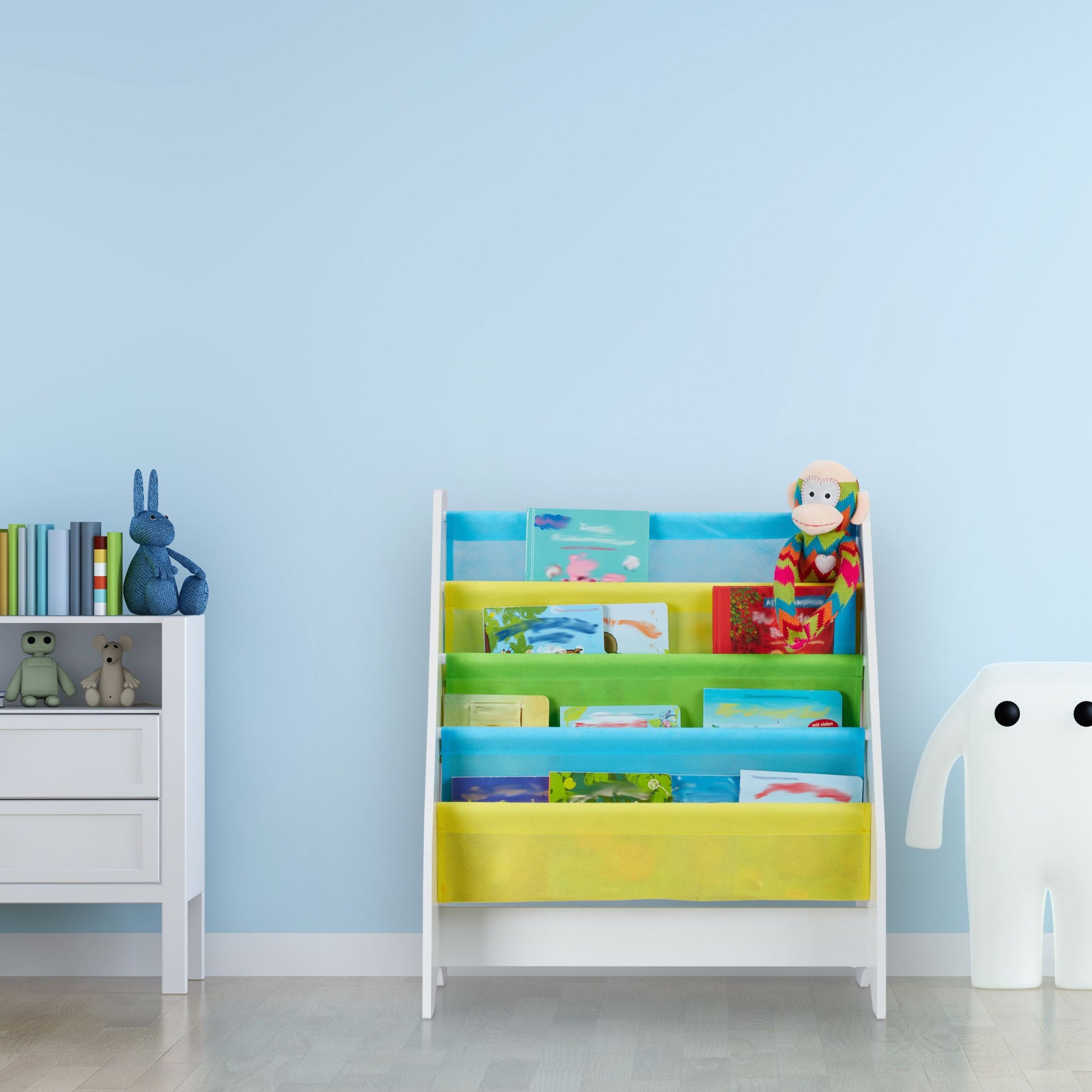 Kinder Bücherregal Weiss-Gelb-Hellblau von Relaxdays