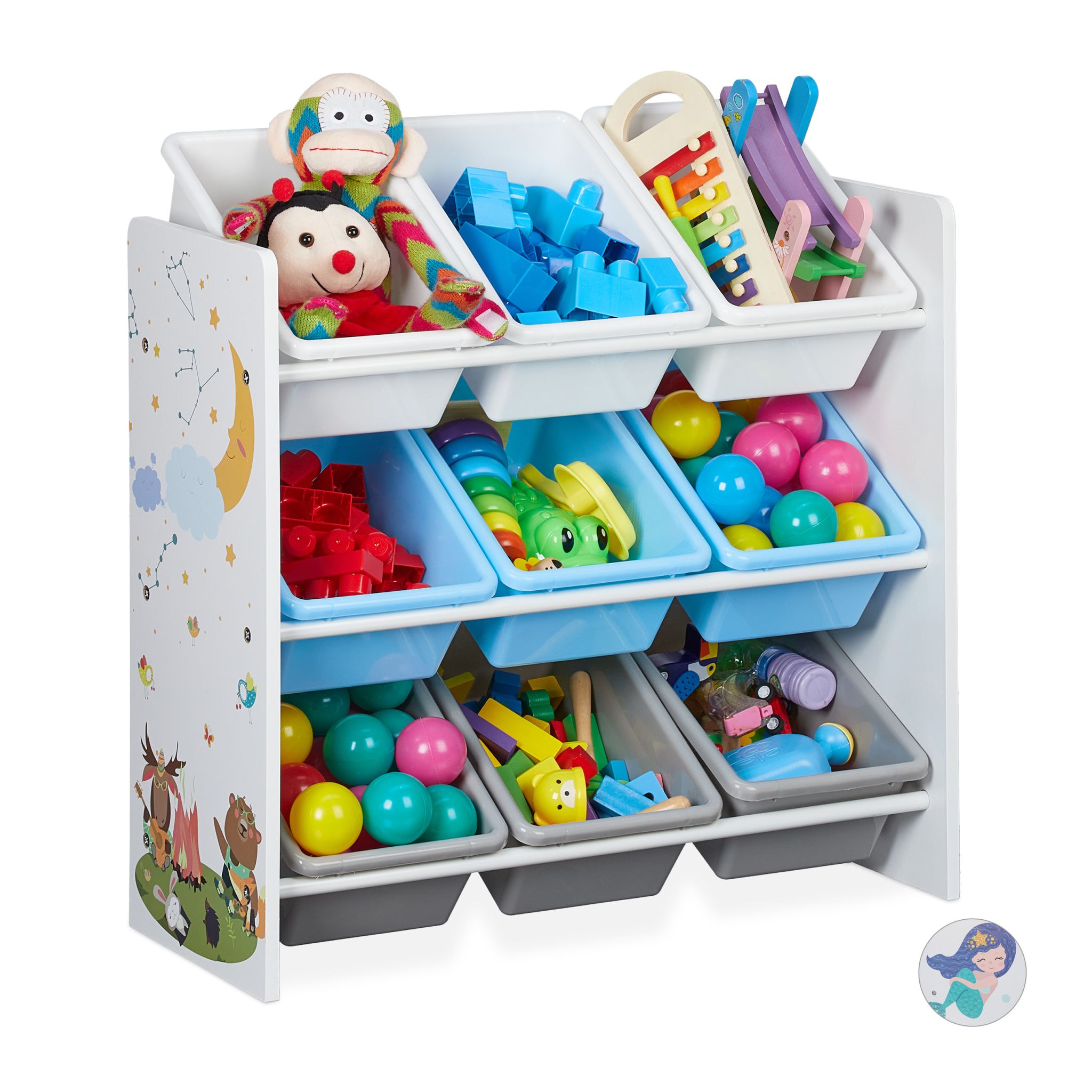 Kinderregal mit 9 Boxen und Motiv Weiss-Hellblau-Grau von Relaxdays