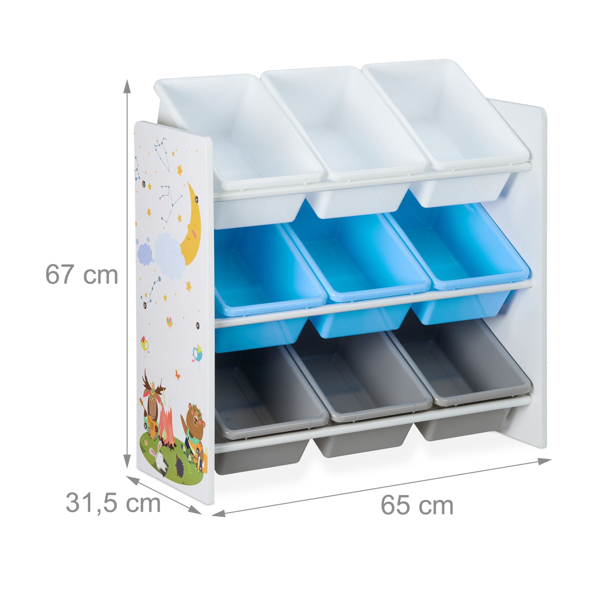Kinderregal mit 9 Boxen und Motiv Weiss-Hellblau-Grau von Relaxdays