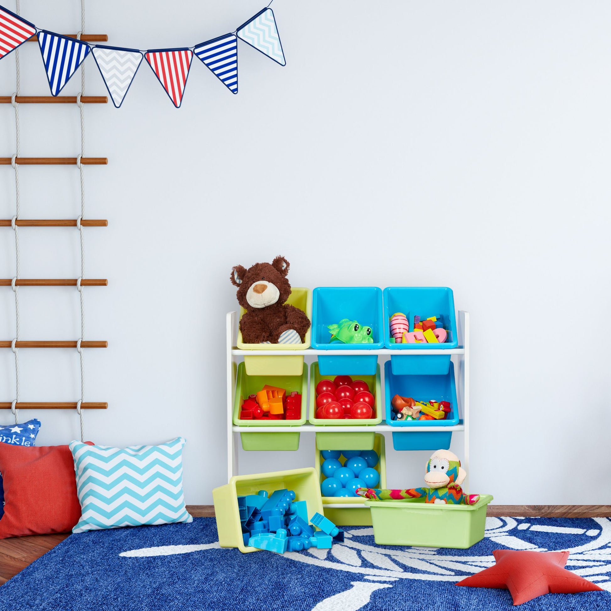 Kinderregal mit 9 Boxen und Motiv Weiss-Hellblau-Grau von Relaxdays