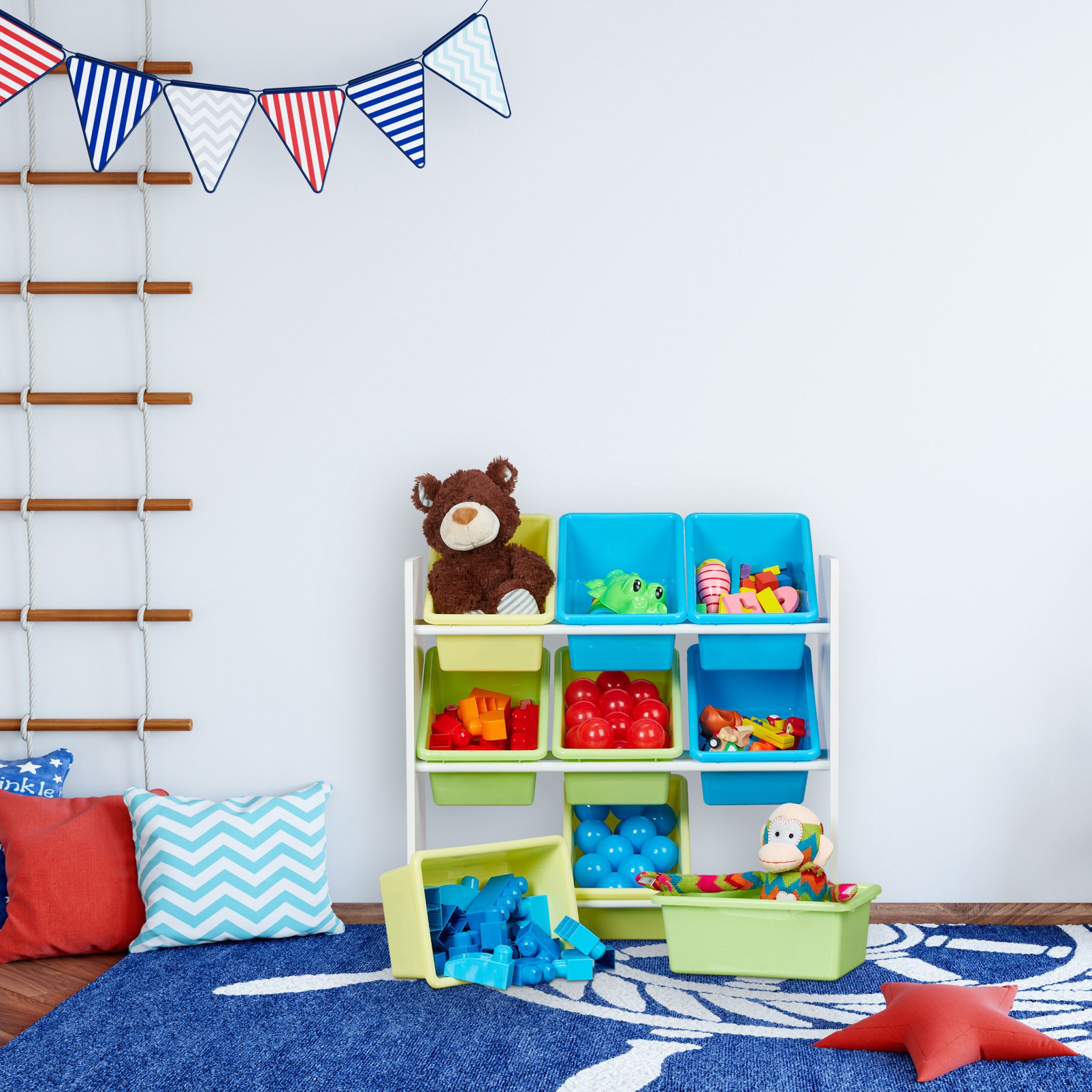 Kinderregal mit 9 Boxen und Motiv Weiss-Hellblau-Grau von Relaxdays