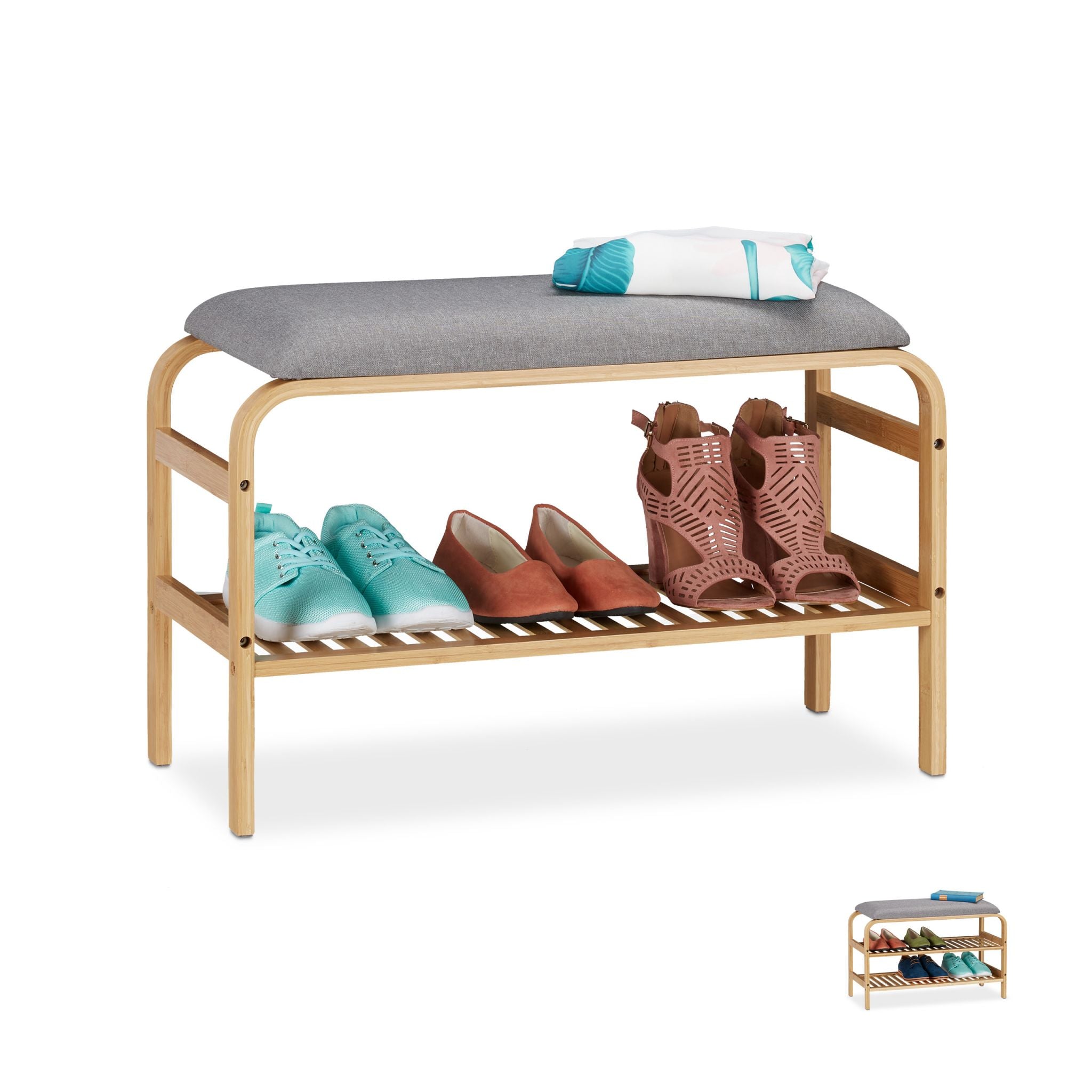Schuhbank mit Sitzfläche für 3-6 Paar Hellbraun-Grau von Relaxdays